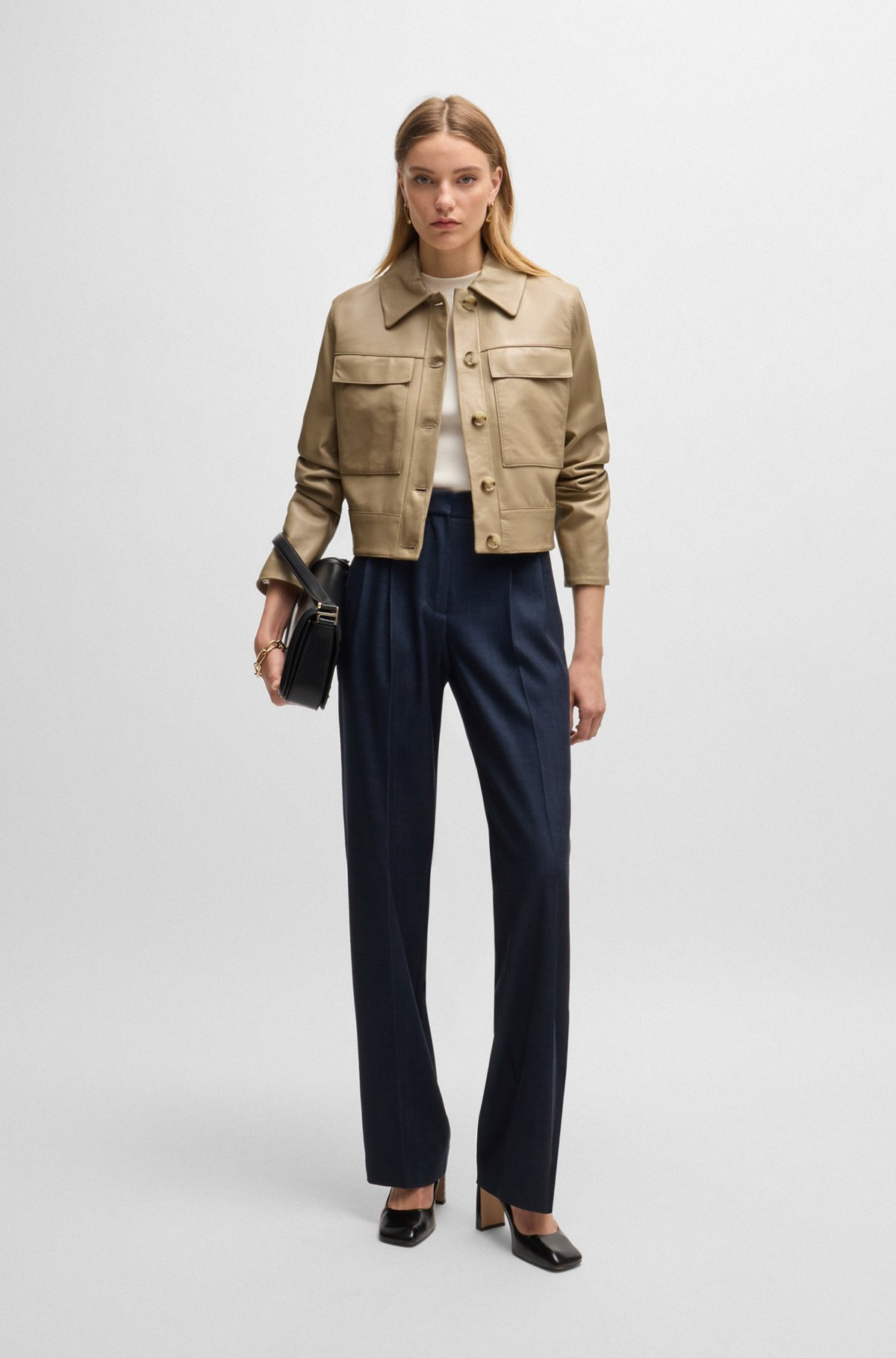 LEATHER JACKET WITH CONTRAST CUFFS AND BUTTONED CLOSURE - 3