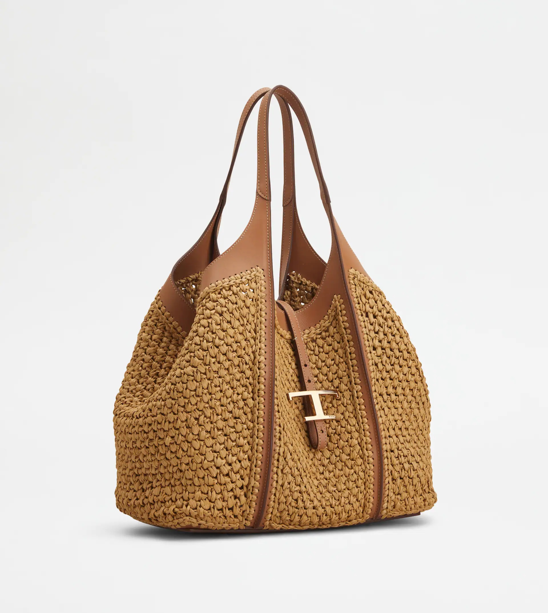 T TIMELESS SHOPPING BAG IN RAFFIA AND LEATHER MEDIUM - BEIGE, BROWN - 3