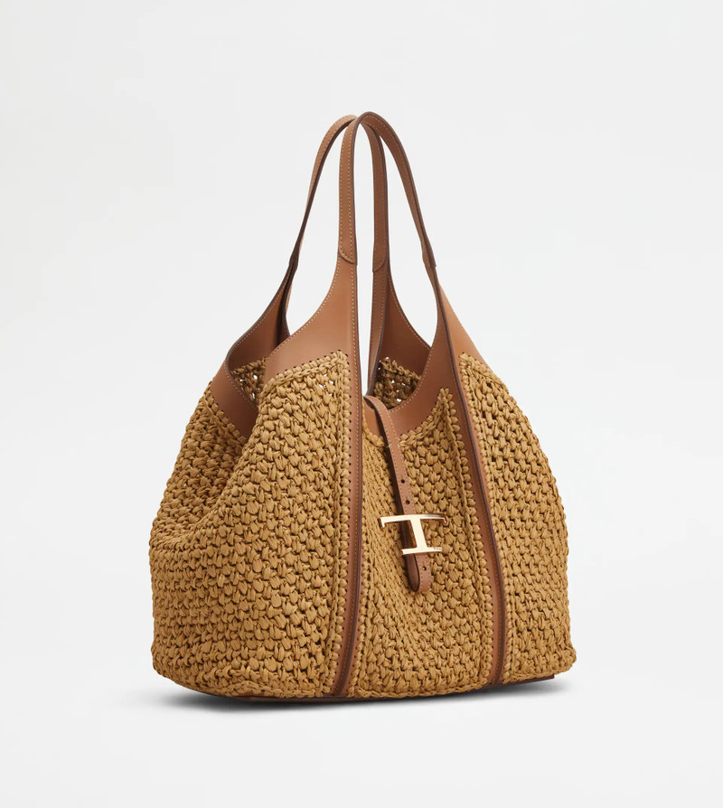 T TIMELESS SHOPPING BAG IN RAFFIA AND LEATHER MEDIUM - BEIGE, BROWN 3