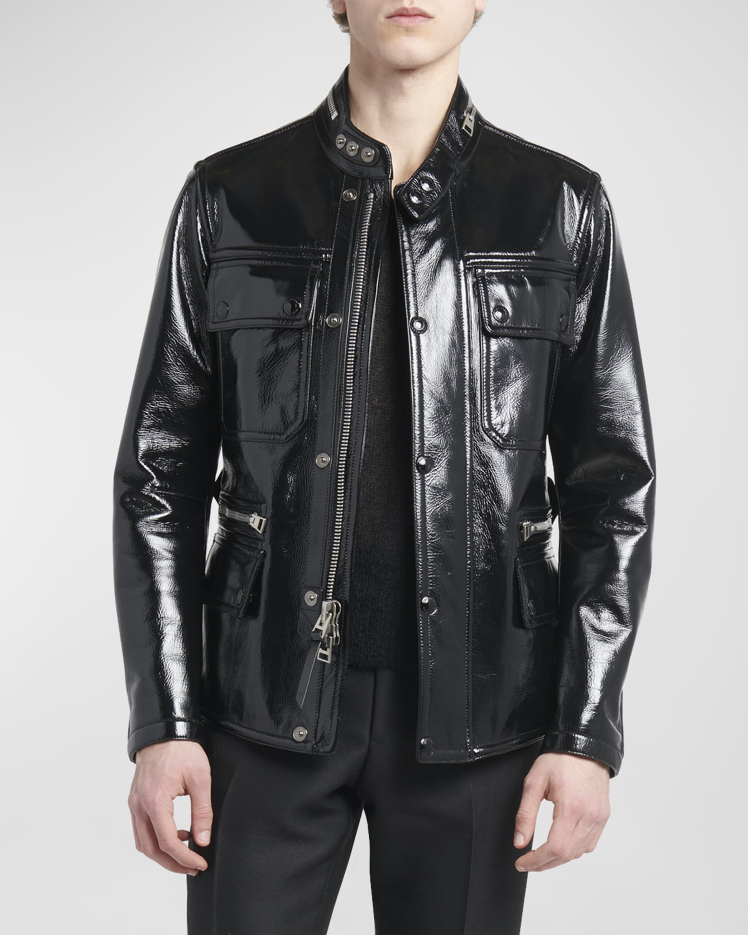Men's Shiny Crackled Leather Motorcycle Jacket - 2