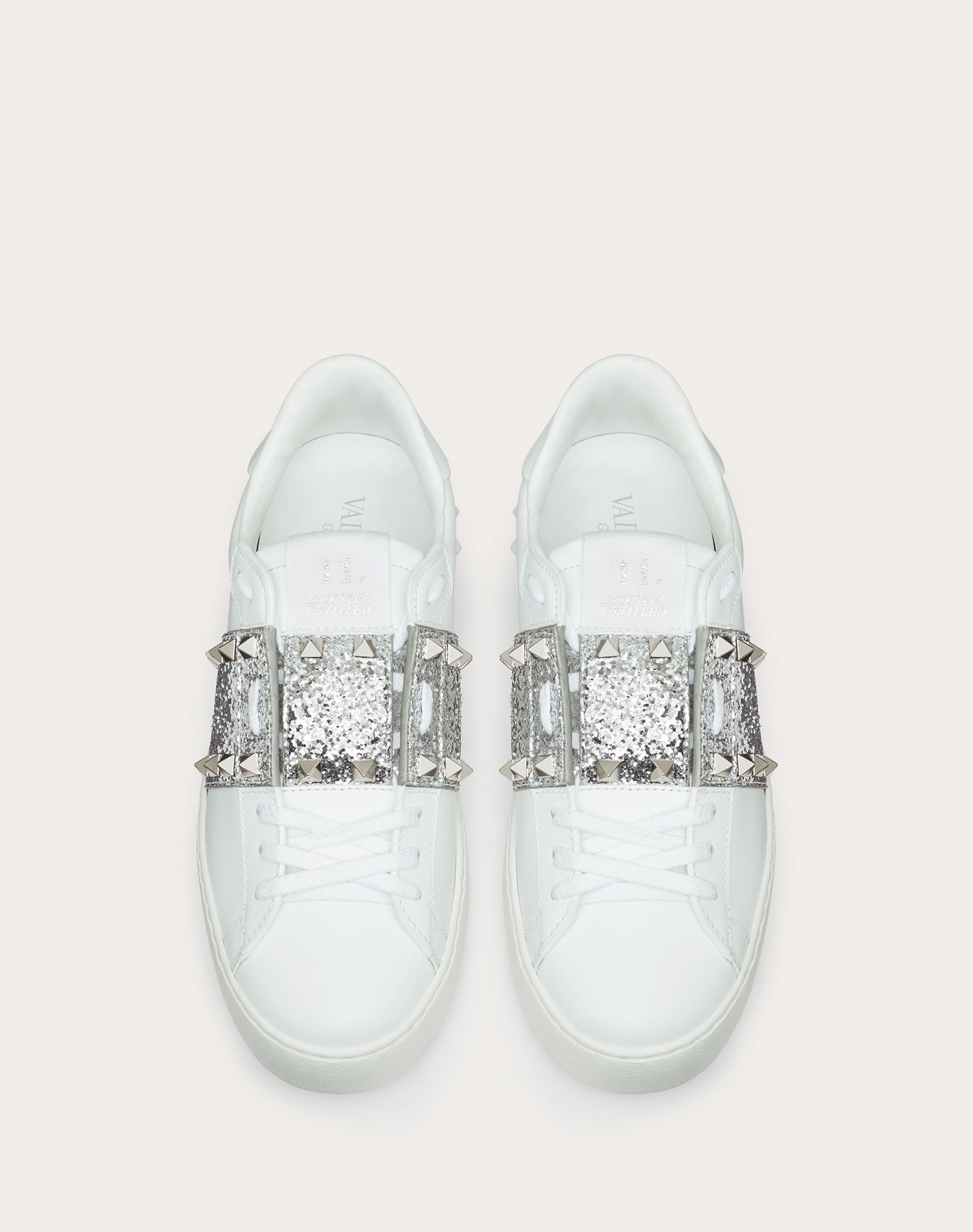 Rockstud Untitled Sneaker in Calfskin Leather with Glitter Stripe - 4