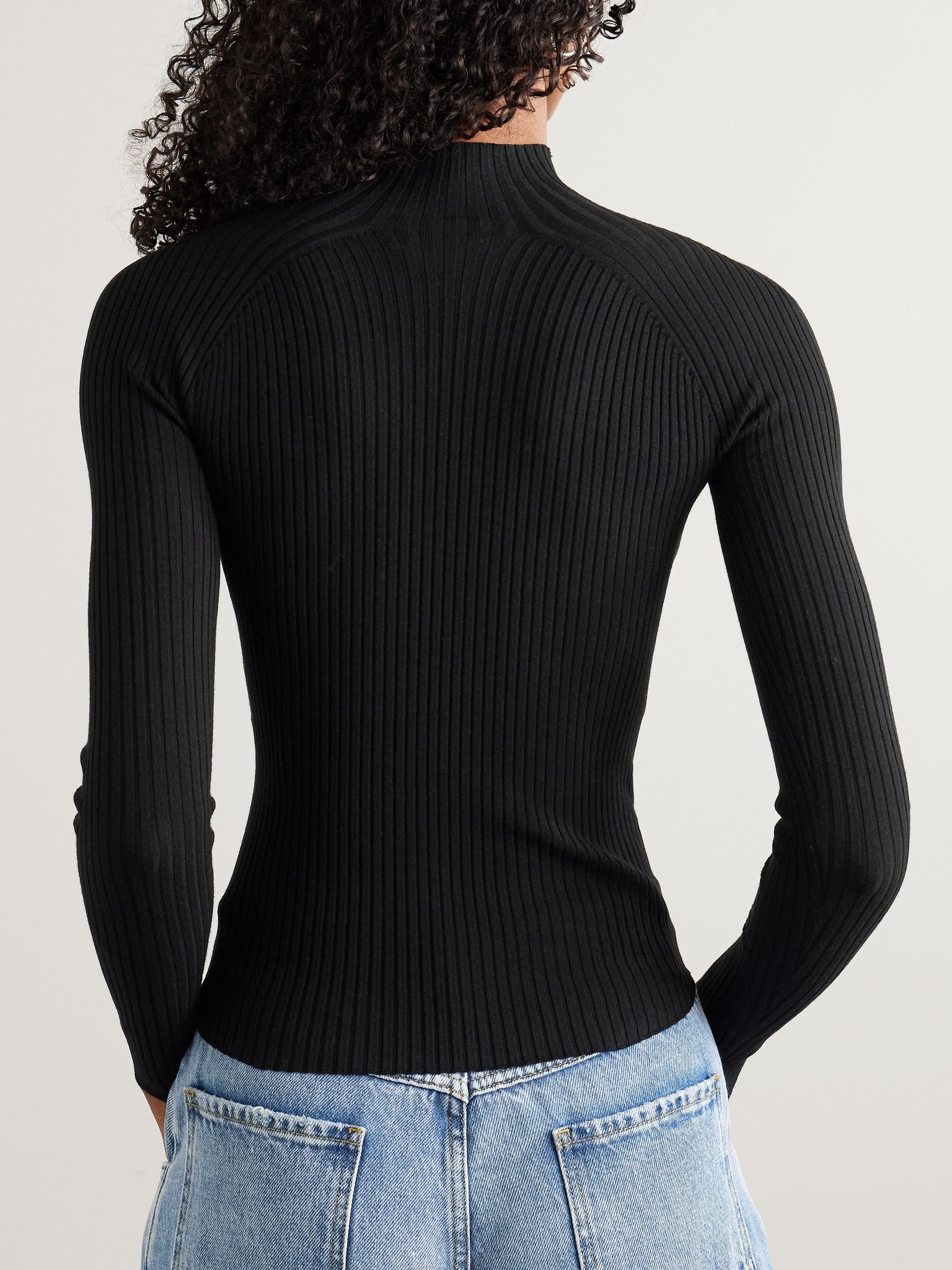 Logo-embroidered ribbed-knit mock-neck top Black - 3
