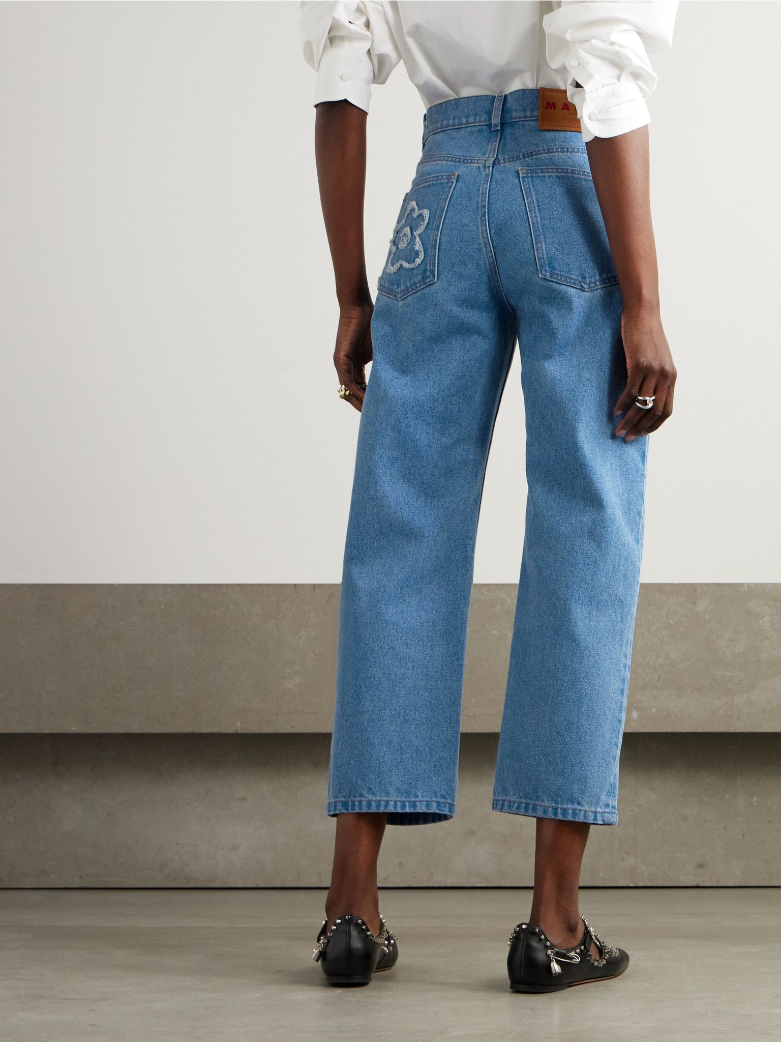 Cropped appliquéd mid-rise straight-leg jeans Blue - 4