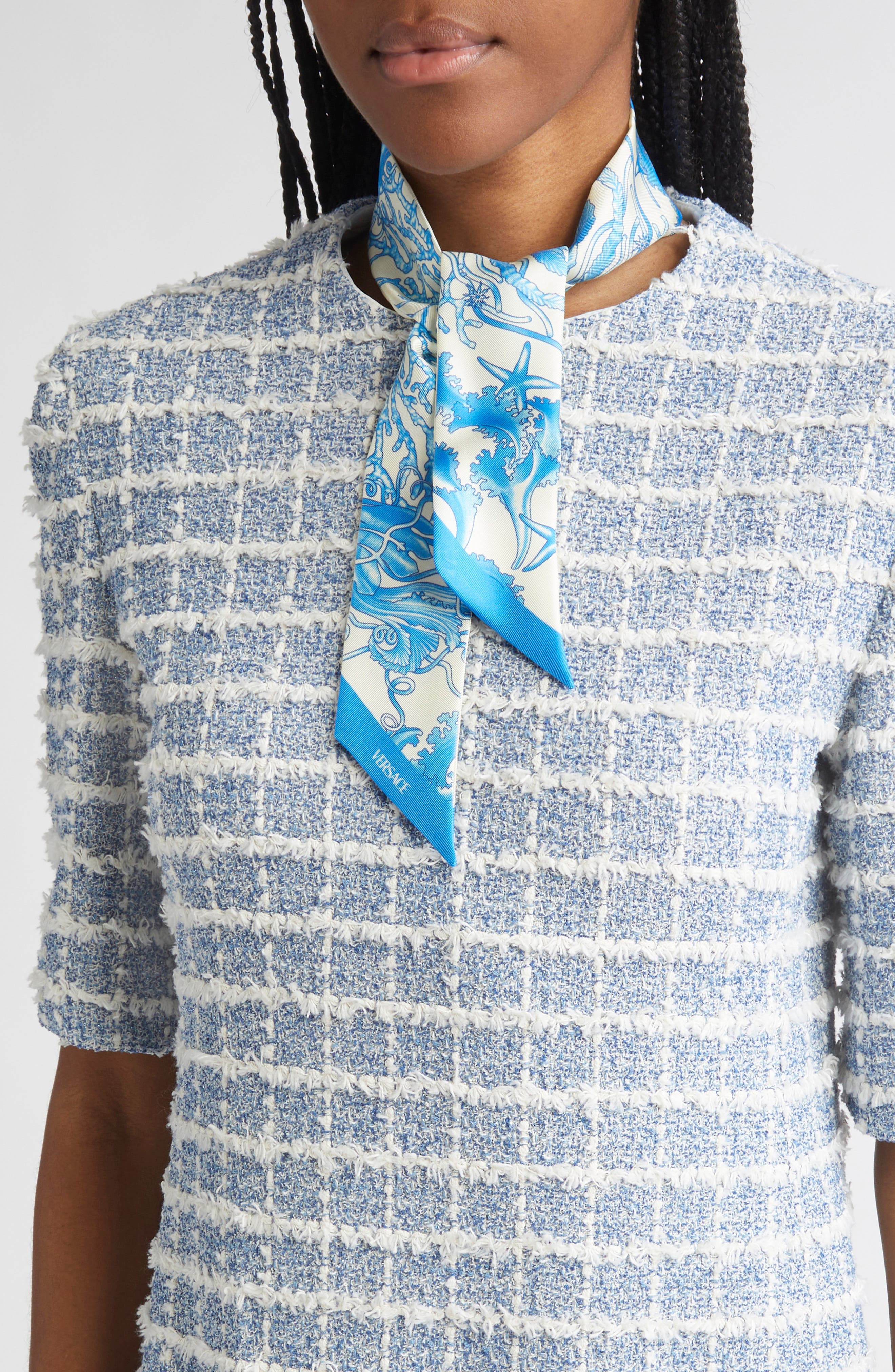 Versace Underwater Barocco Silk Skinny Scarf in Eggshell/Bright Blue at Nordstrom - 2