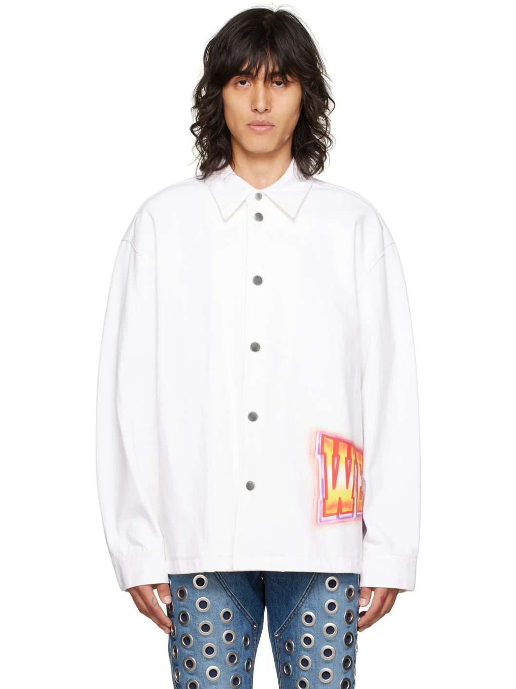 White Printed Denim Jacket - 1