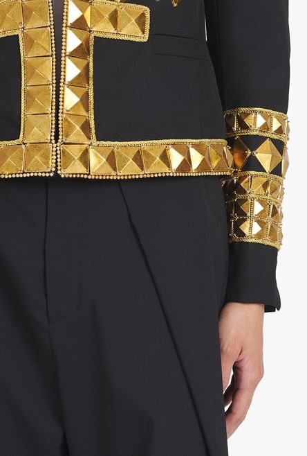 Black wool spencer jacket with gold-tone studded embroidery - 6