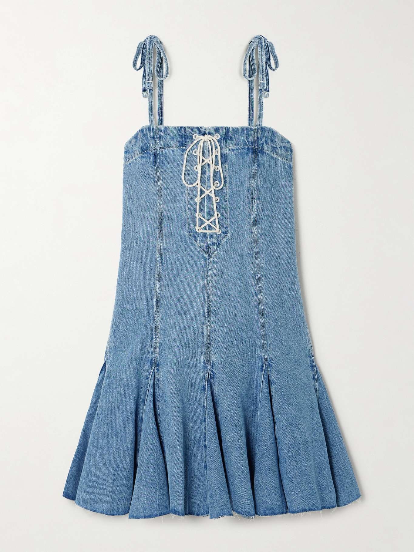 Flounce pleated lace-up denim mini dress - 1