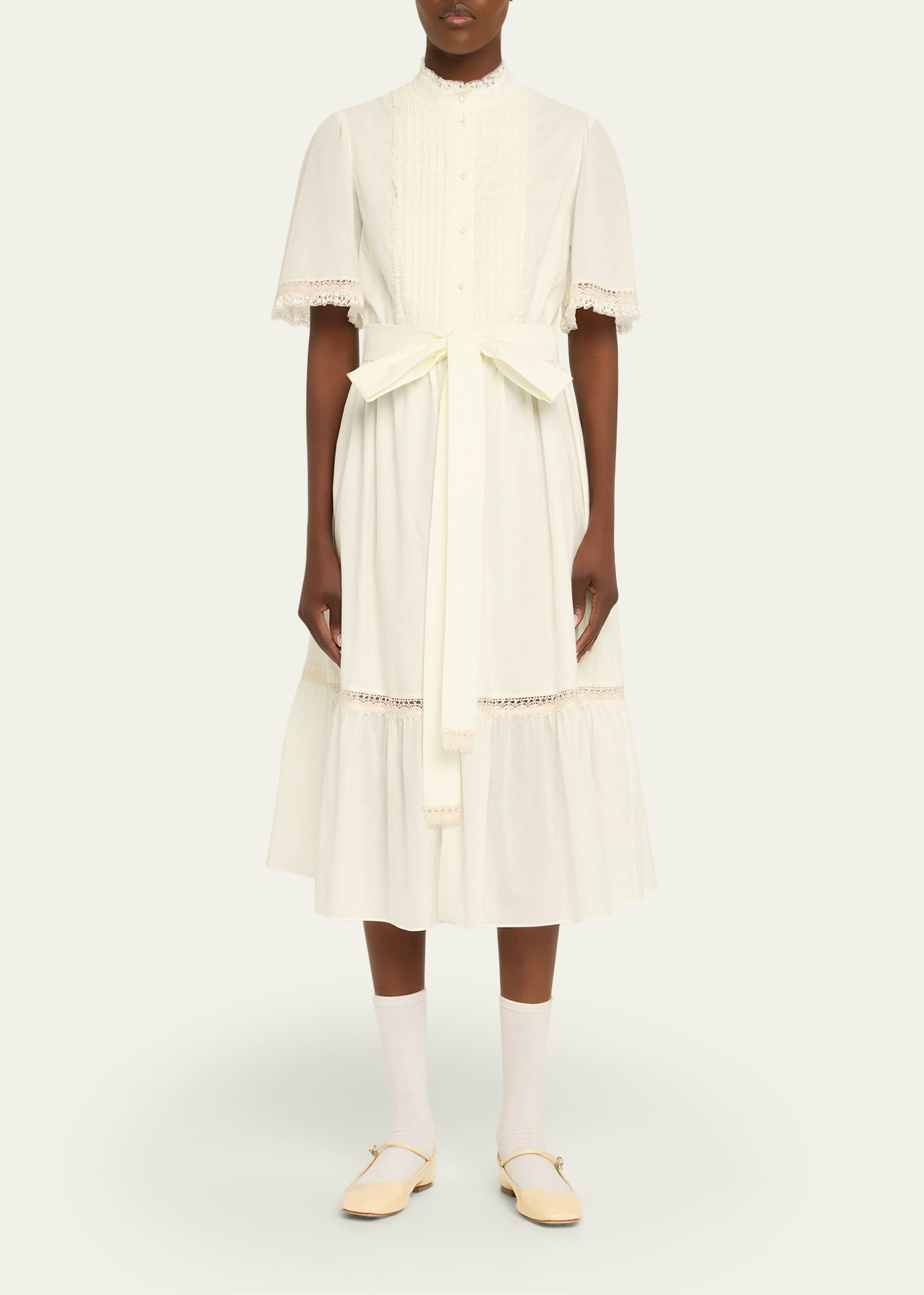 Short-Sleeve Belted Lace-Trim Shirtdress - 2