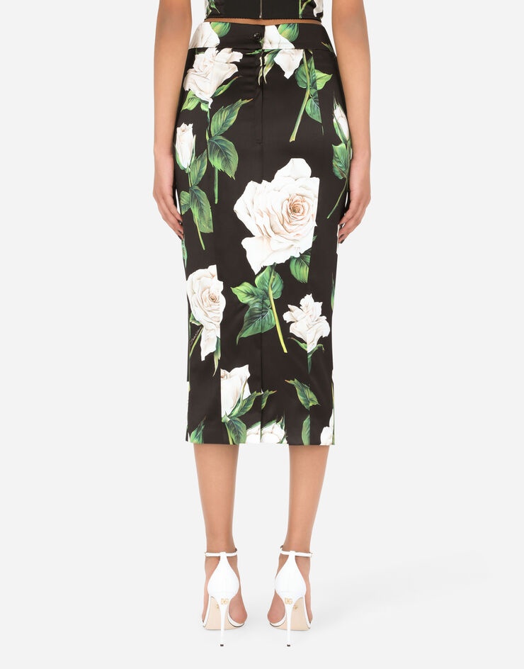 Satin pencil skirt with white rose print - 2