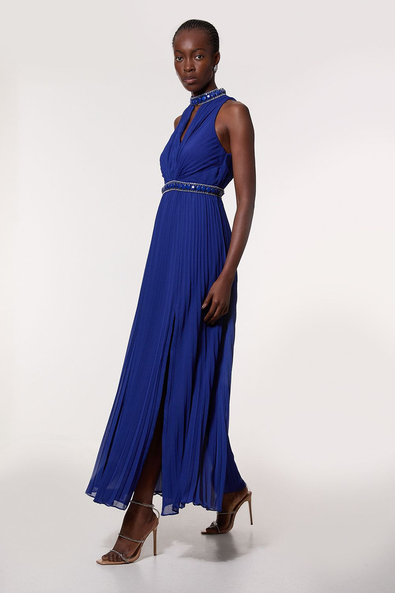 Petite Halter Diamante Enamel Trim Woven Pleated Split Maxi Dress 1