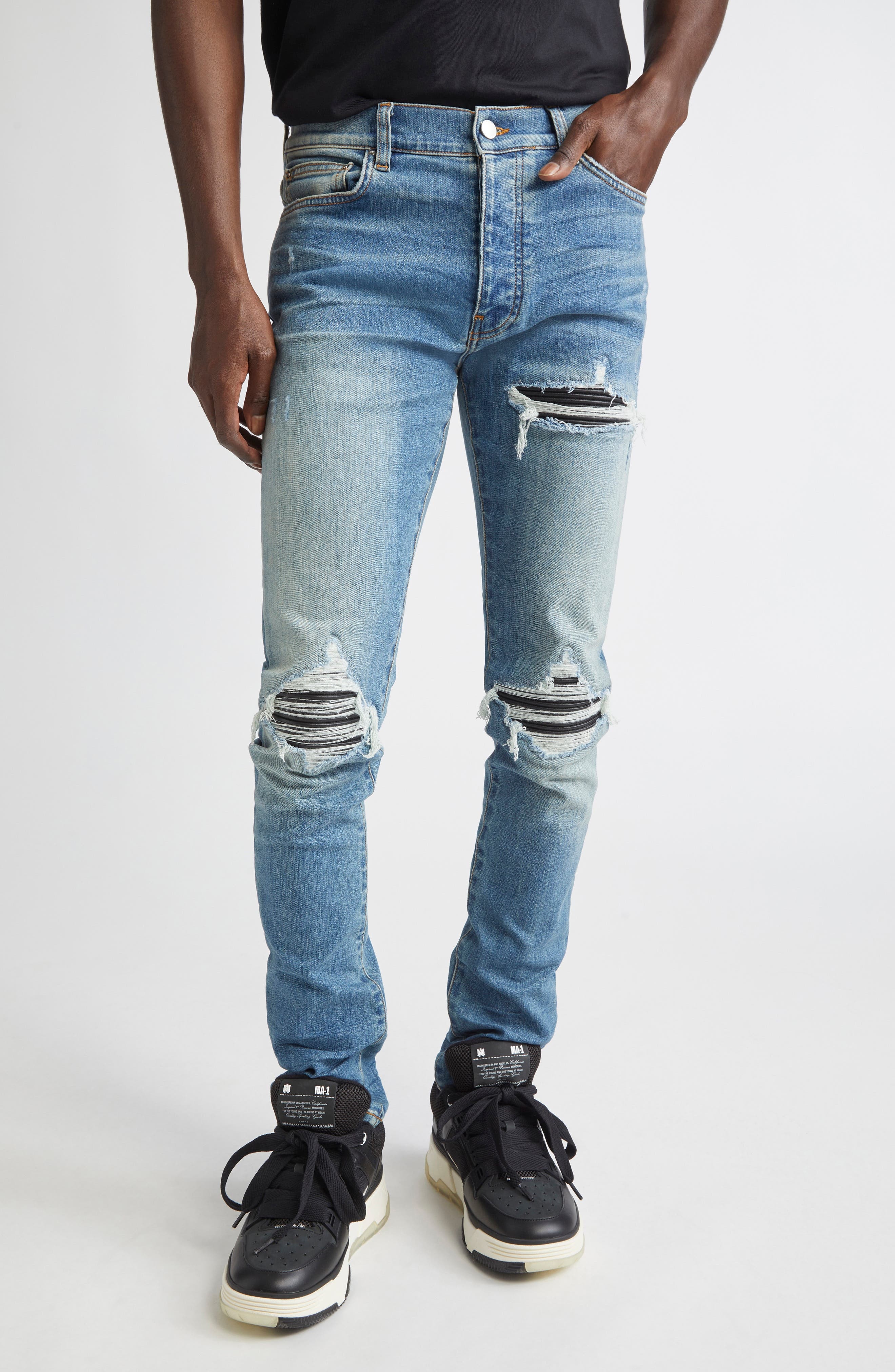 AMIRI MX1 Leather Patch Ripped Skinny Jeans in Dark Indigo at Nordstrom - 1