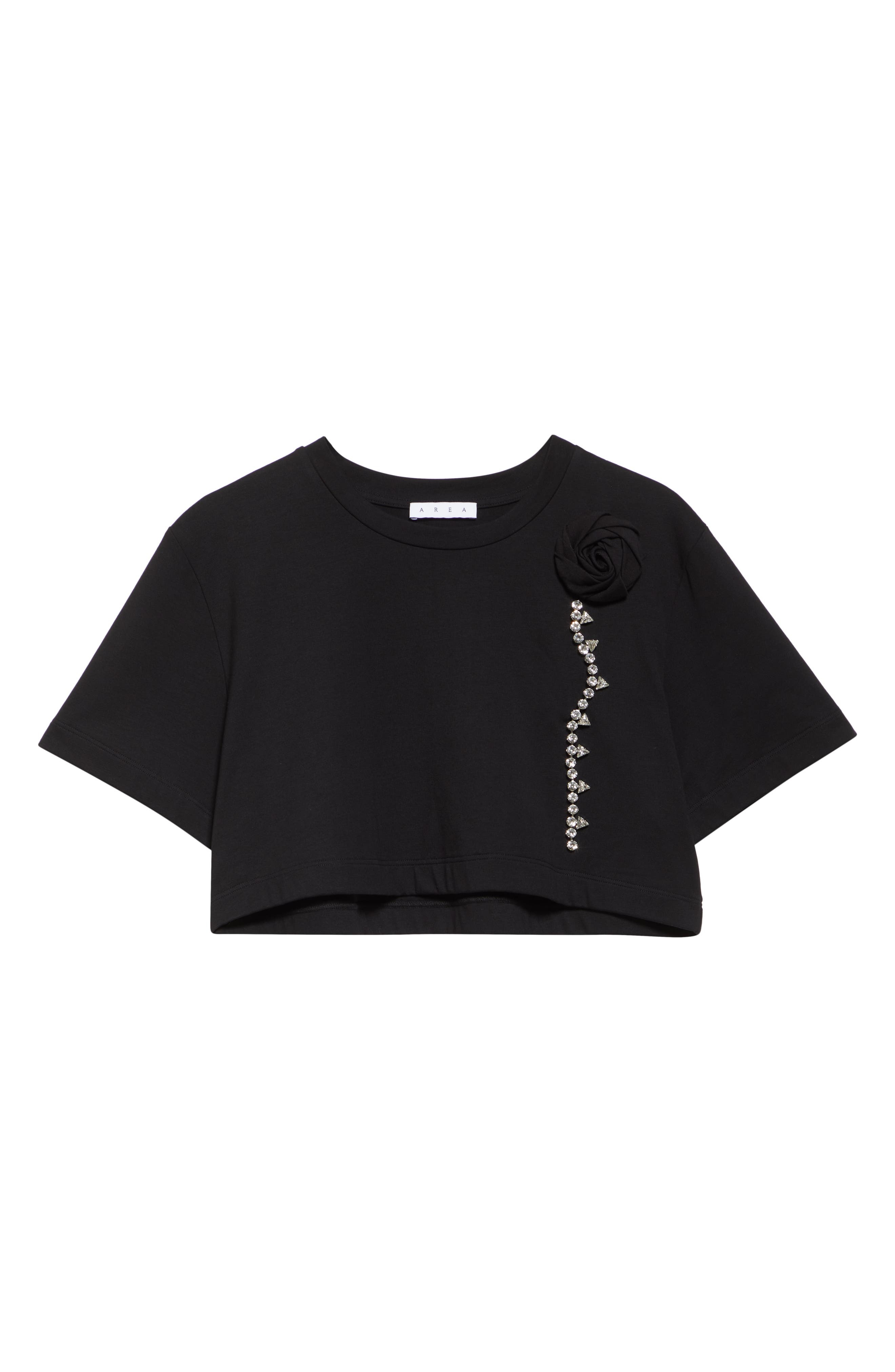 Area Crystal Rosette Crop T-Shirt in Black at Nordstrom - 6