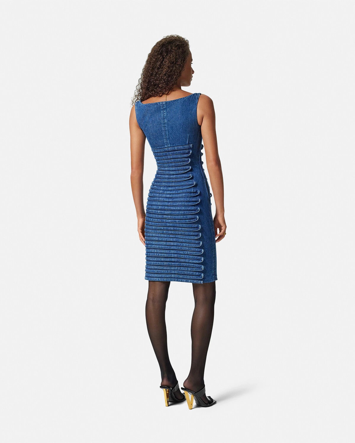 Denim Scoop-Neck Fitted Mini Dress - 5