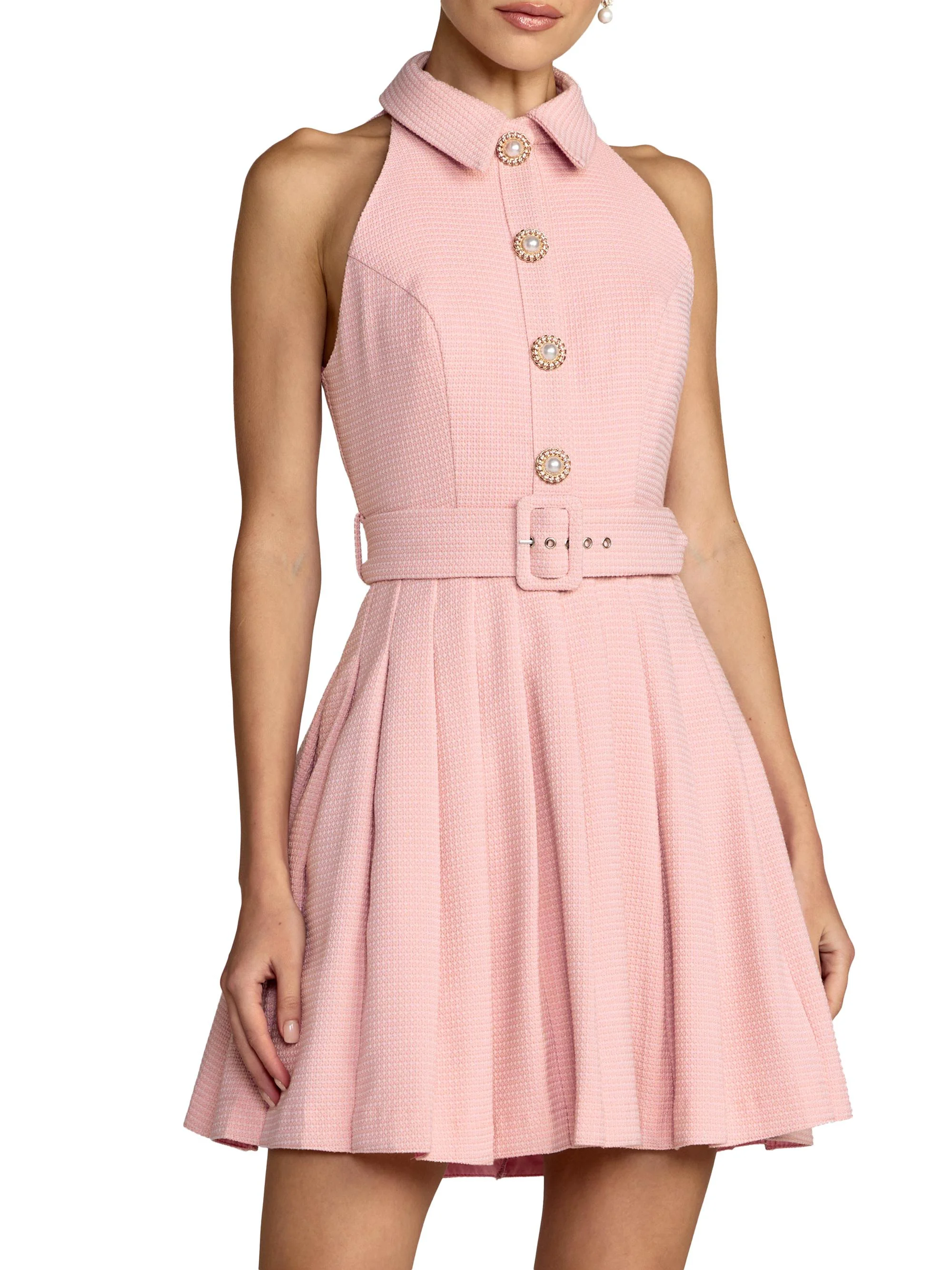 Women's Bouclé Pleated Button-Front Minidress - Blush - 1