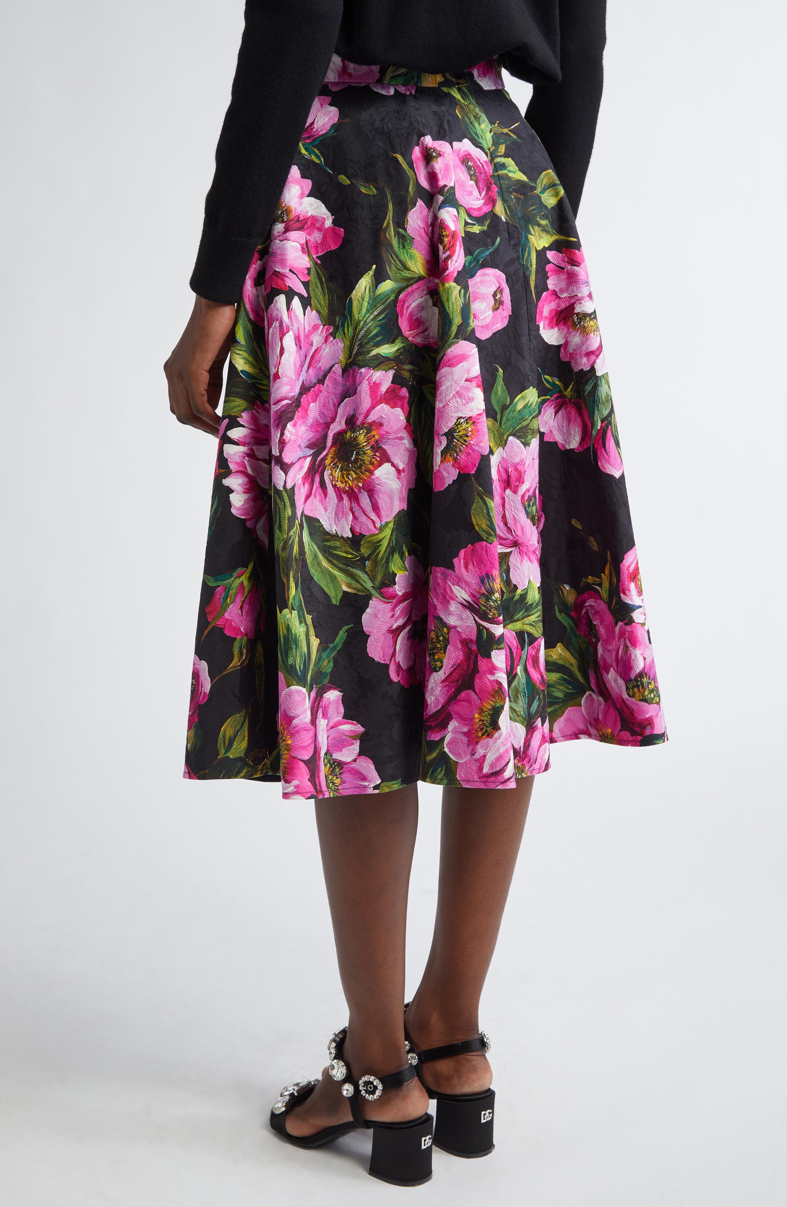 Dolce&Gabbana Peony Print Pleated Stretch Jacquard Skirt in Peonie Fuxia F.nero at Nordstrom - 3