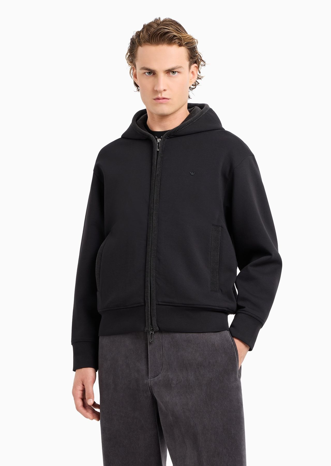 Double-jersey hooded zip-up sweatshirt with velour details - 2