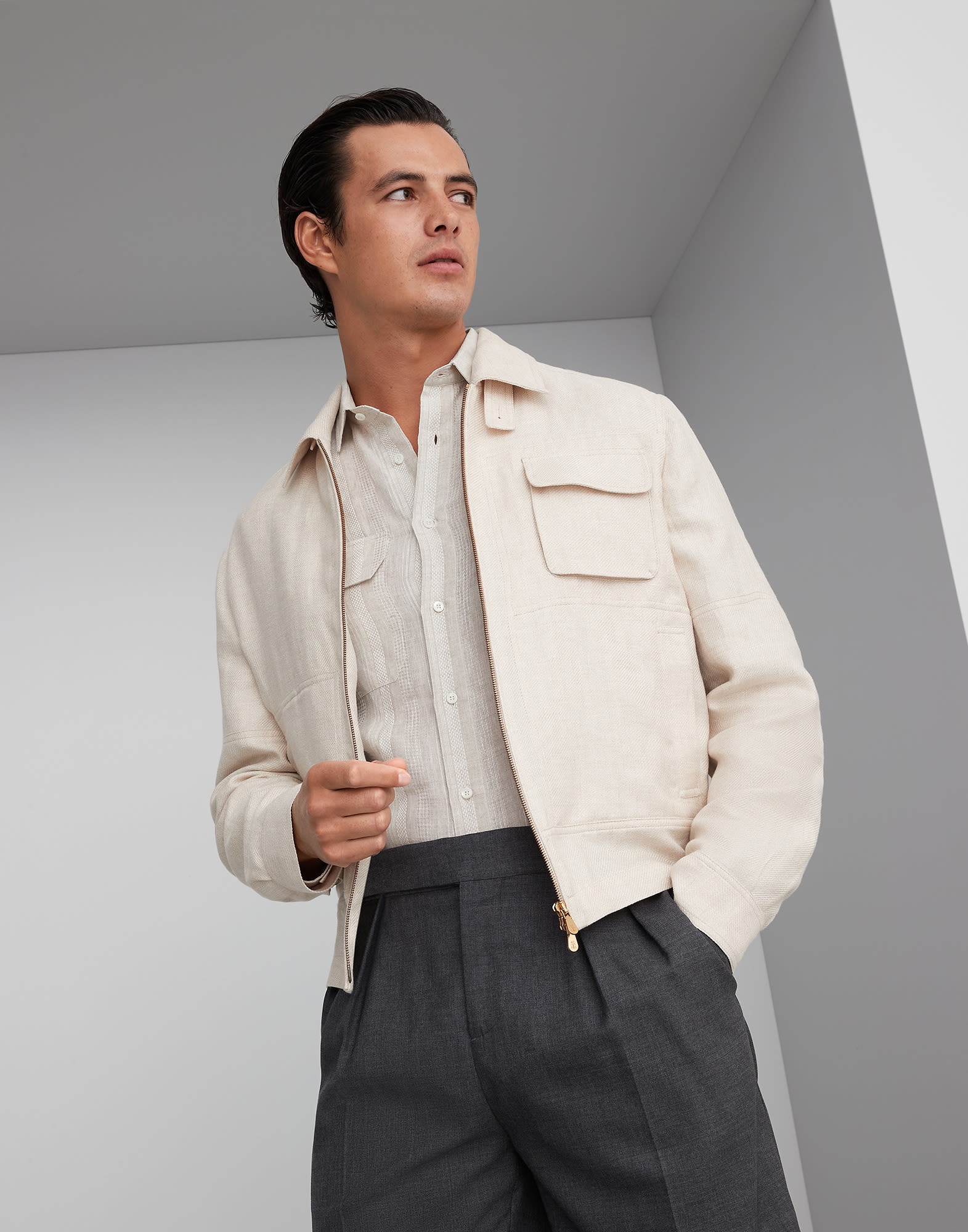 Linen, wool and silk diagonal outerwear jacket with chest pocket - 4