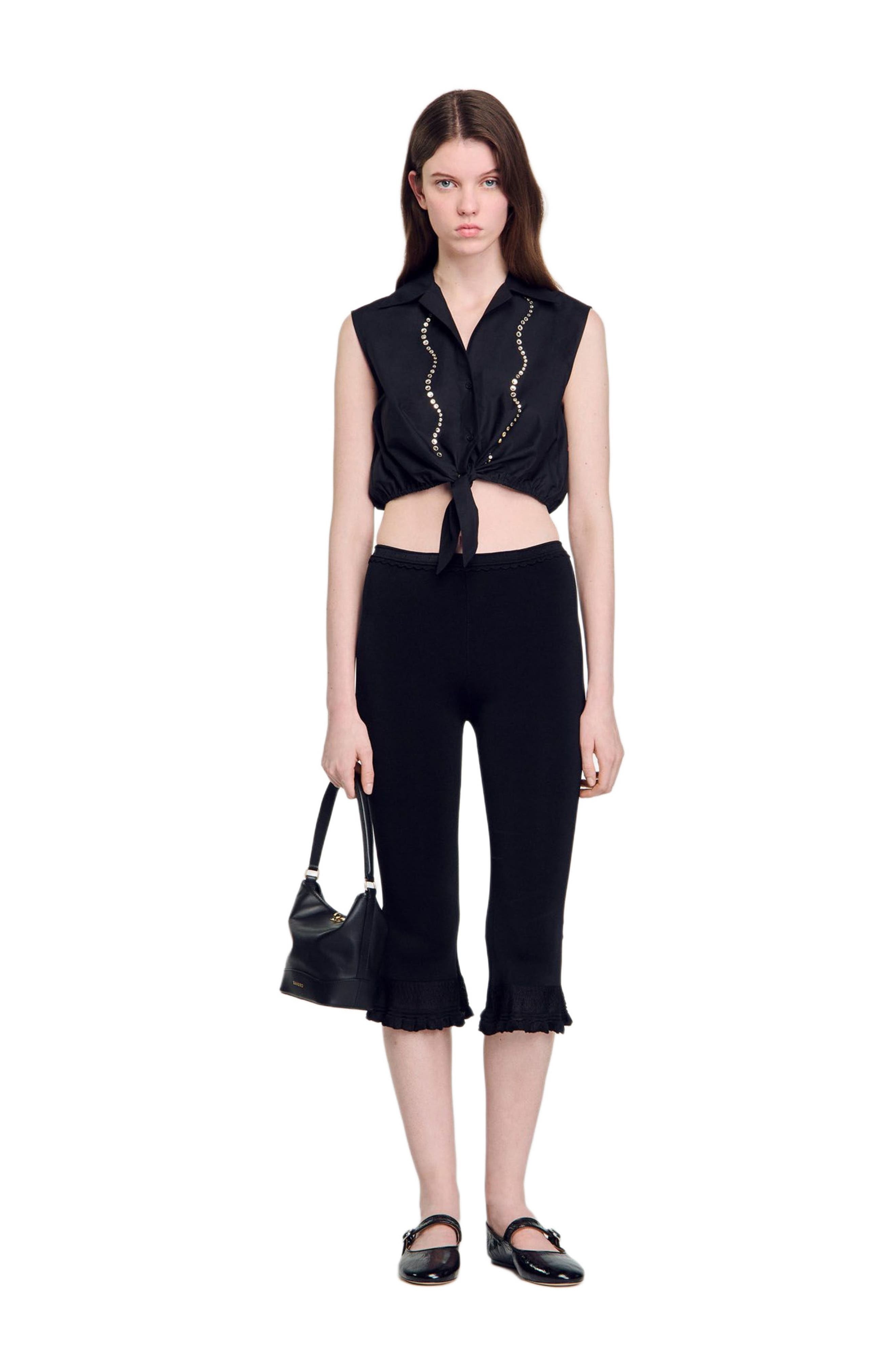 SANDRO Rhinestone cropped shirt in Black at Nordstrom - 6