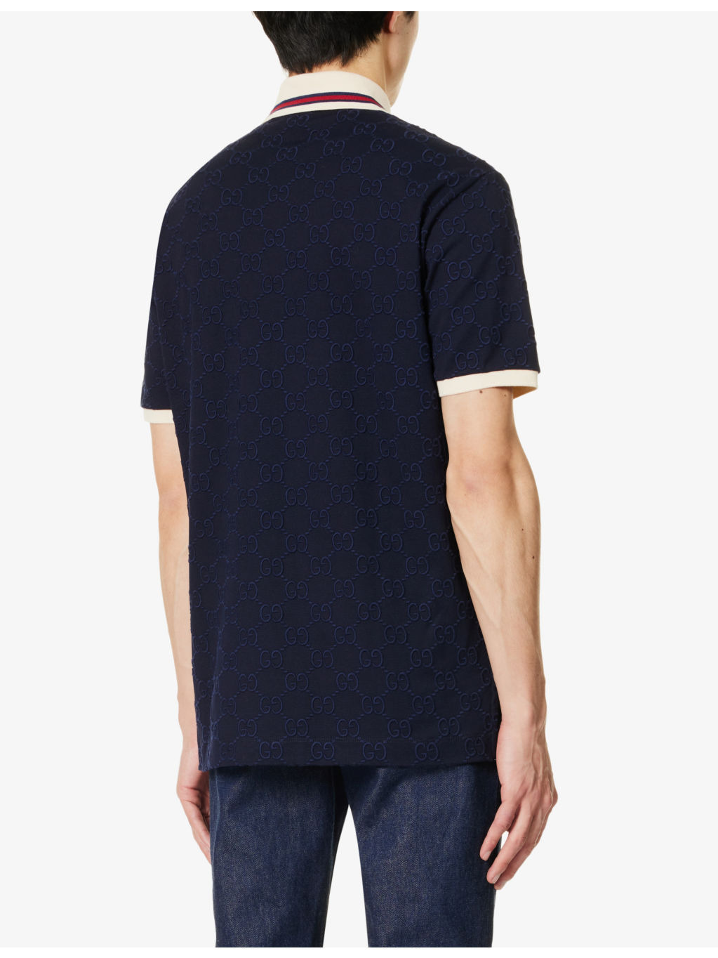 Monogram-pattern striped-trim stretch-cotton polo shirt - 4
