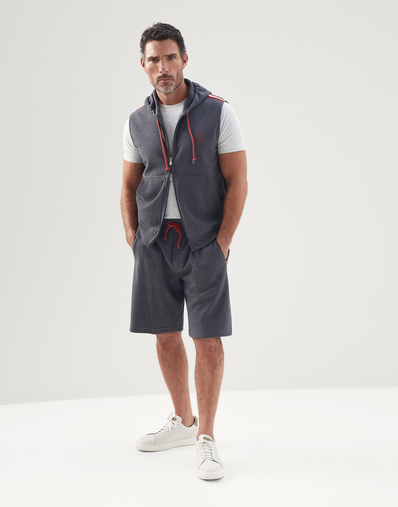 Brunello Cucinelli Techno cotton French terry Bermuda shorts with striped grosgrain details outlook