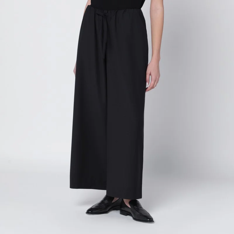 Black drawstring wool trousers - 1