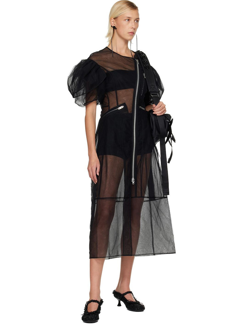 Simone Rocha Black Sheer Sculpted Petal Sleeve Biker Midi Dress outlook