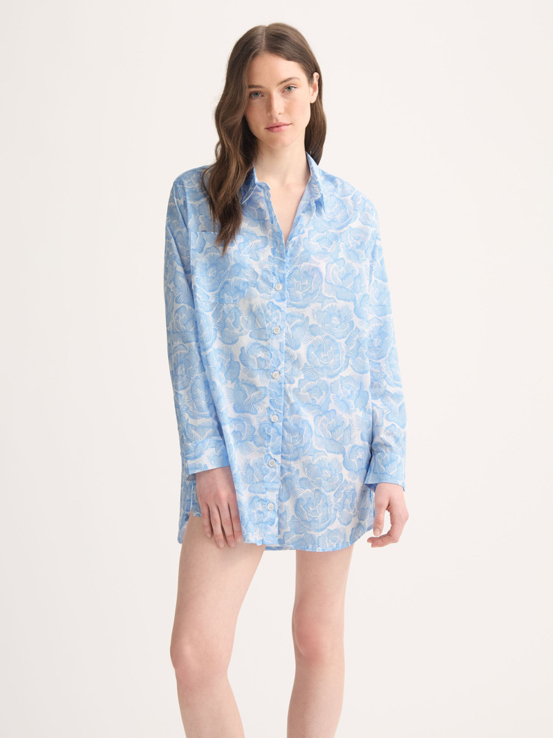 Derek Rose Women's Nightshirt Cotton Batiste Light Blue & White Rose Print outlook