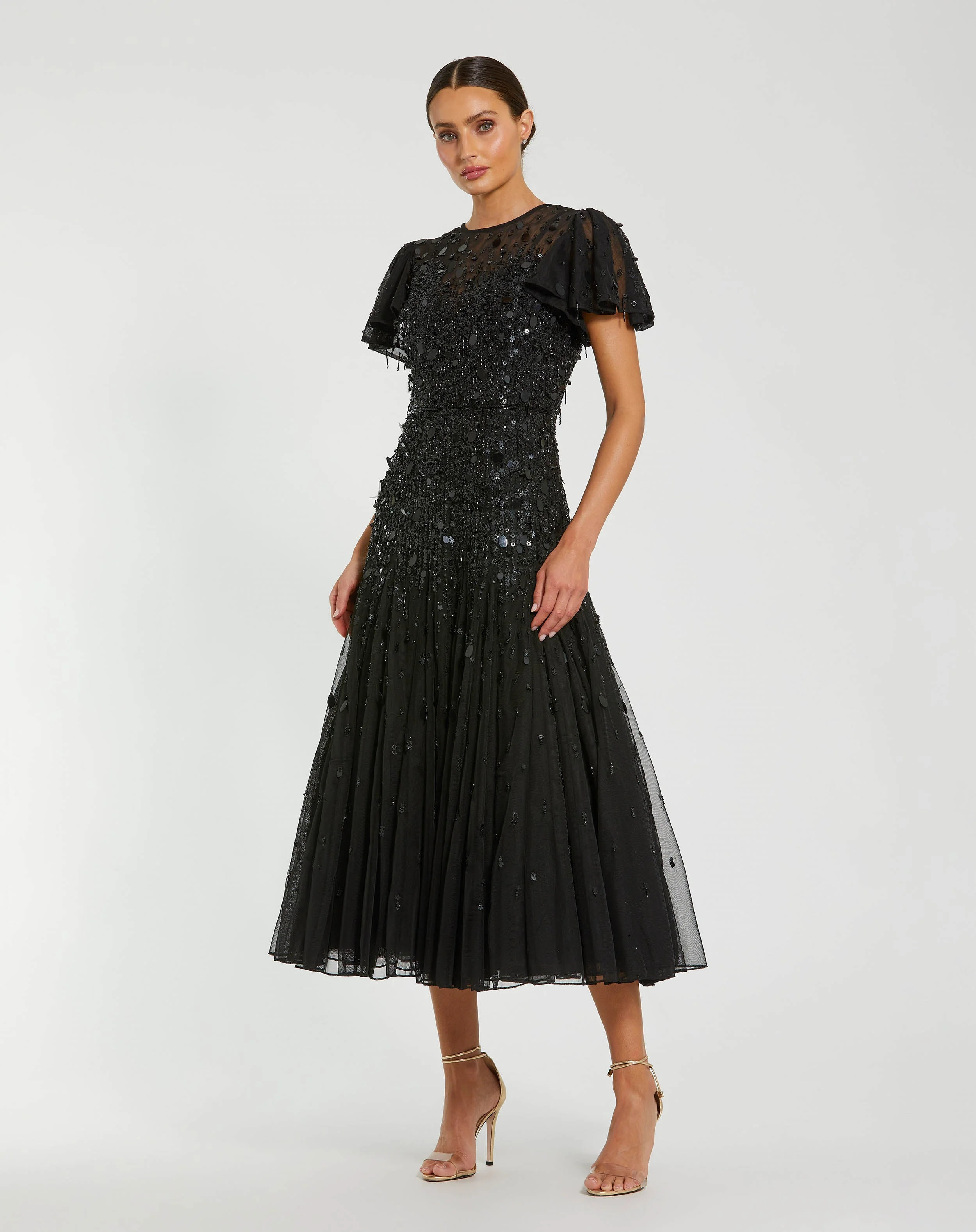 Black High Neck Flutter Sleeve Embellished Midi Dress - 1