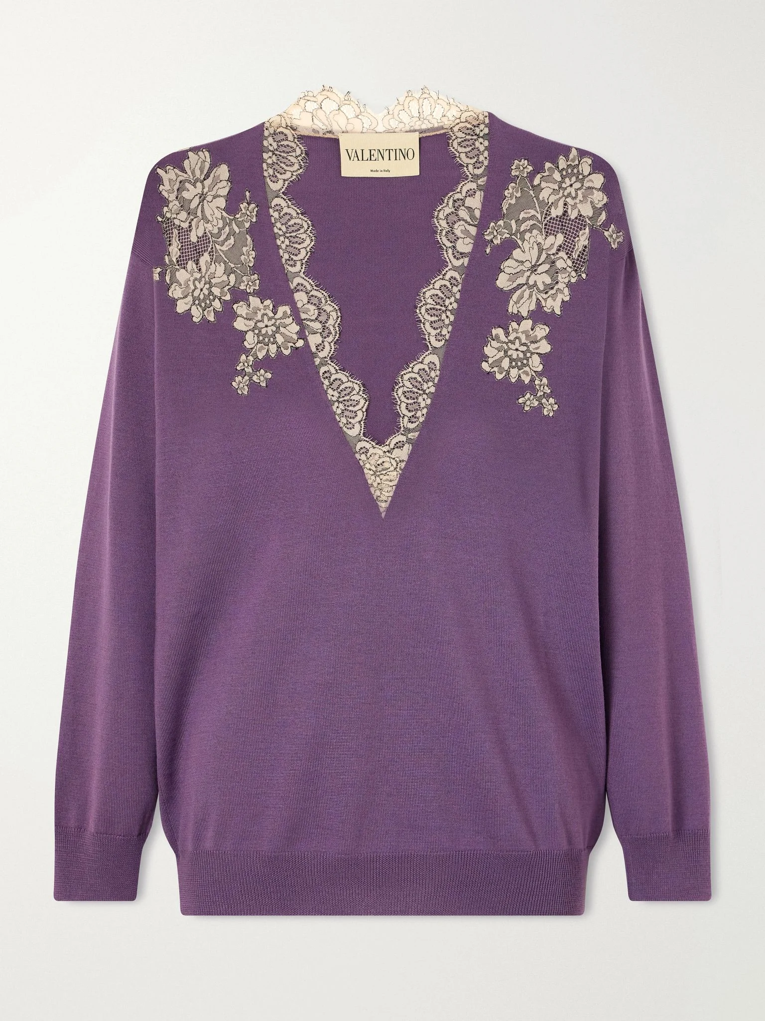 Lace-trimmed virgin wool sweater Purple - 1