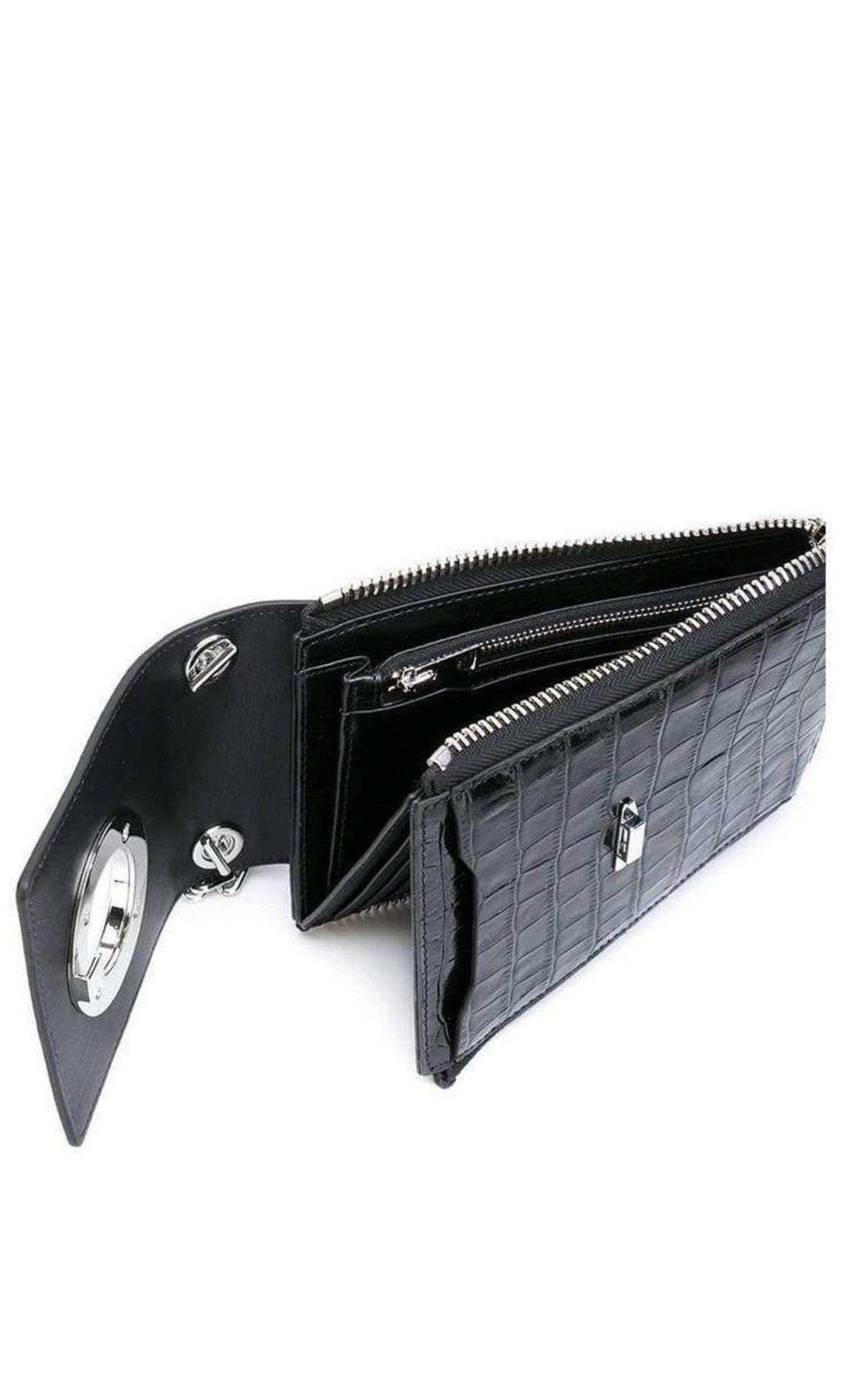 Black Shoulder Wallet Crocodile Embossed Leather - 4
