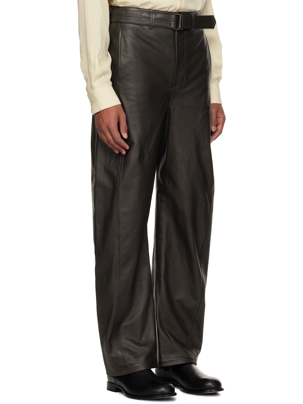 Brown Belted Twisted Leather Pants - 2
