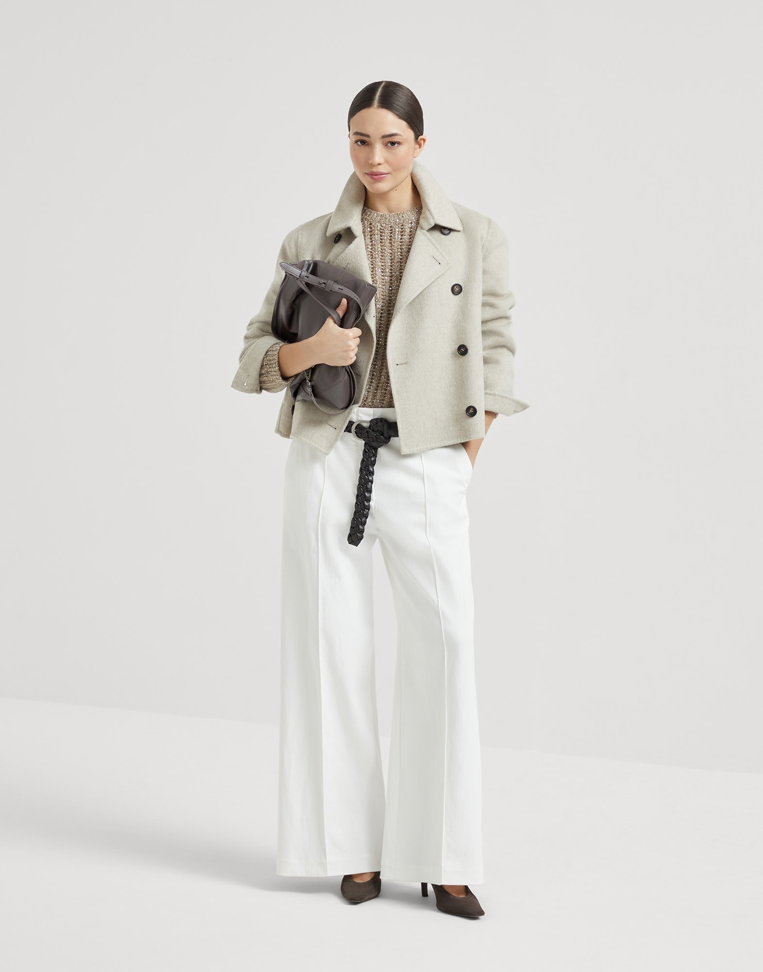 Hand-crafted cropped pea coat in cashmere double beaver cloth with monili - 5