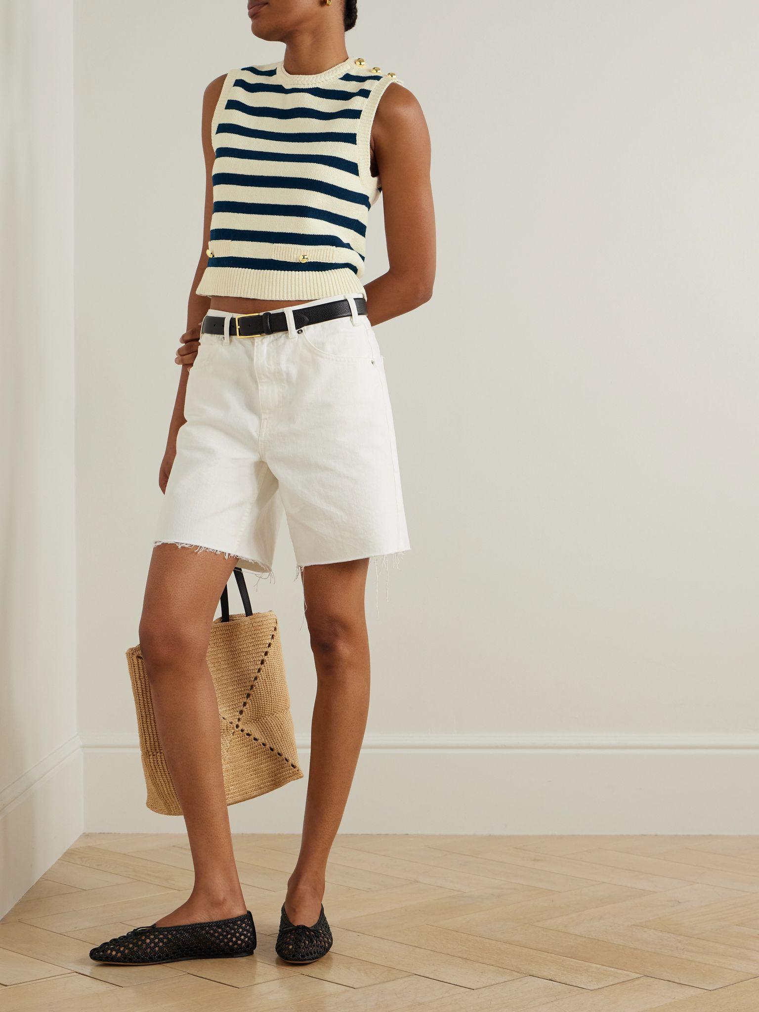 The Harbor button-embellished striped cotton-blend vest Cream - 2