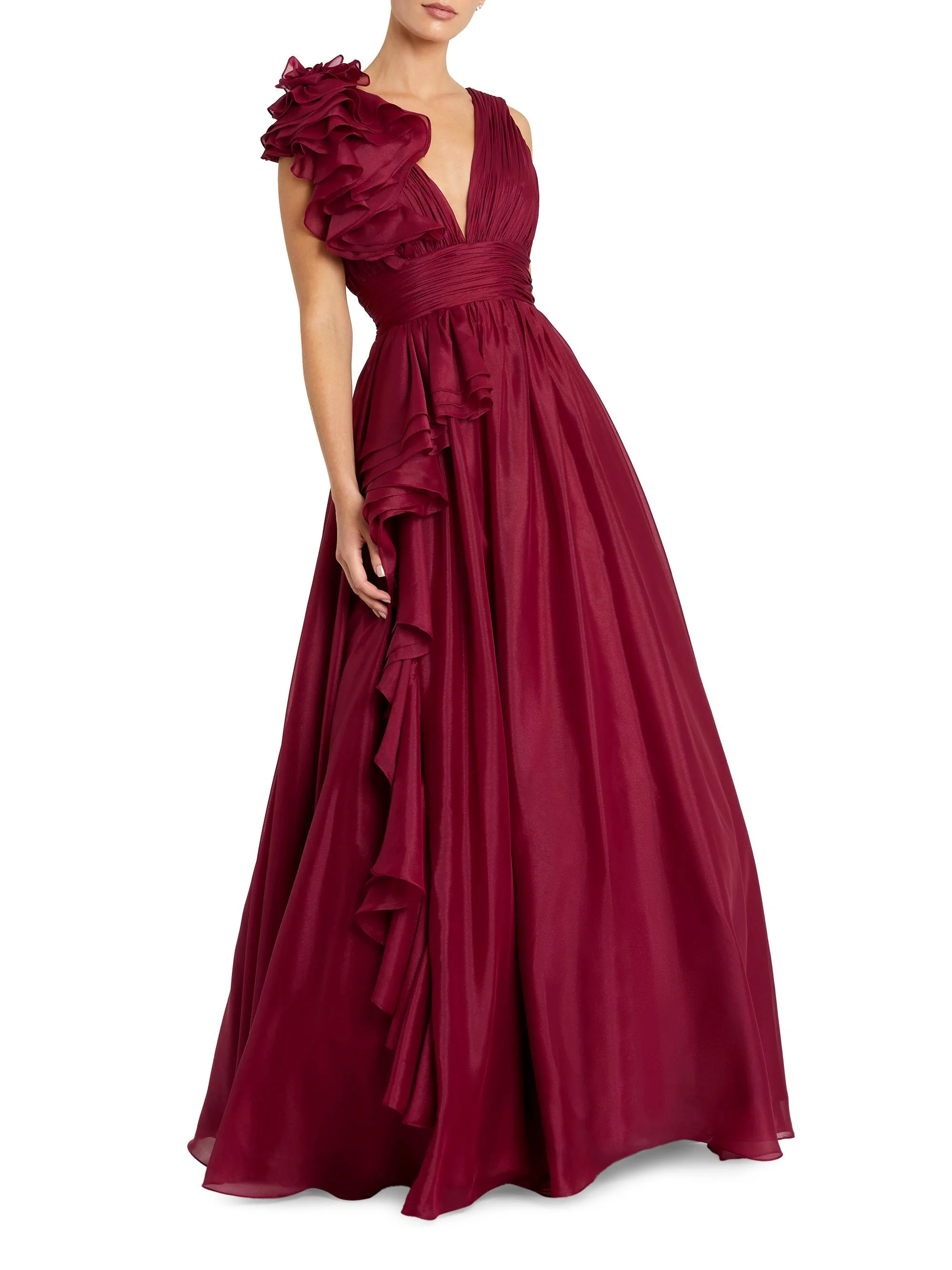 Women's Ruffle Shoulder V-Neck Gown - Wine - 1