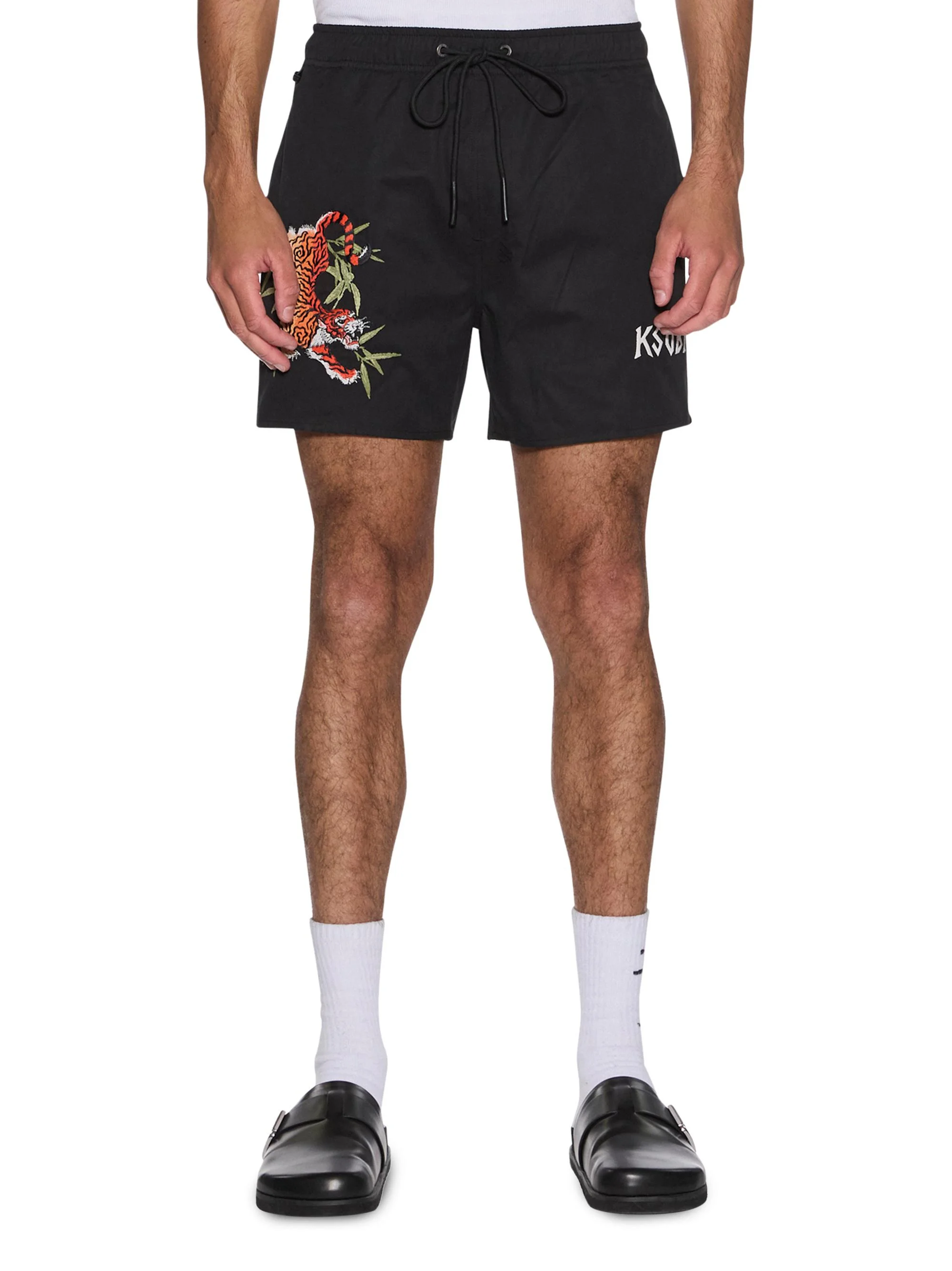 Men's Stay Up Embroidered Logo Cotton Fleece Shorts - Black - 1