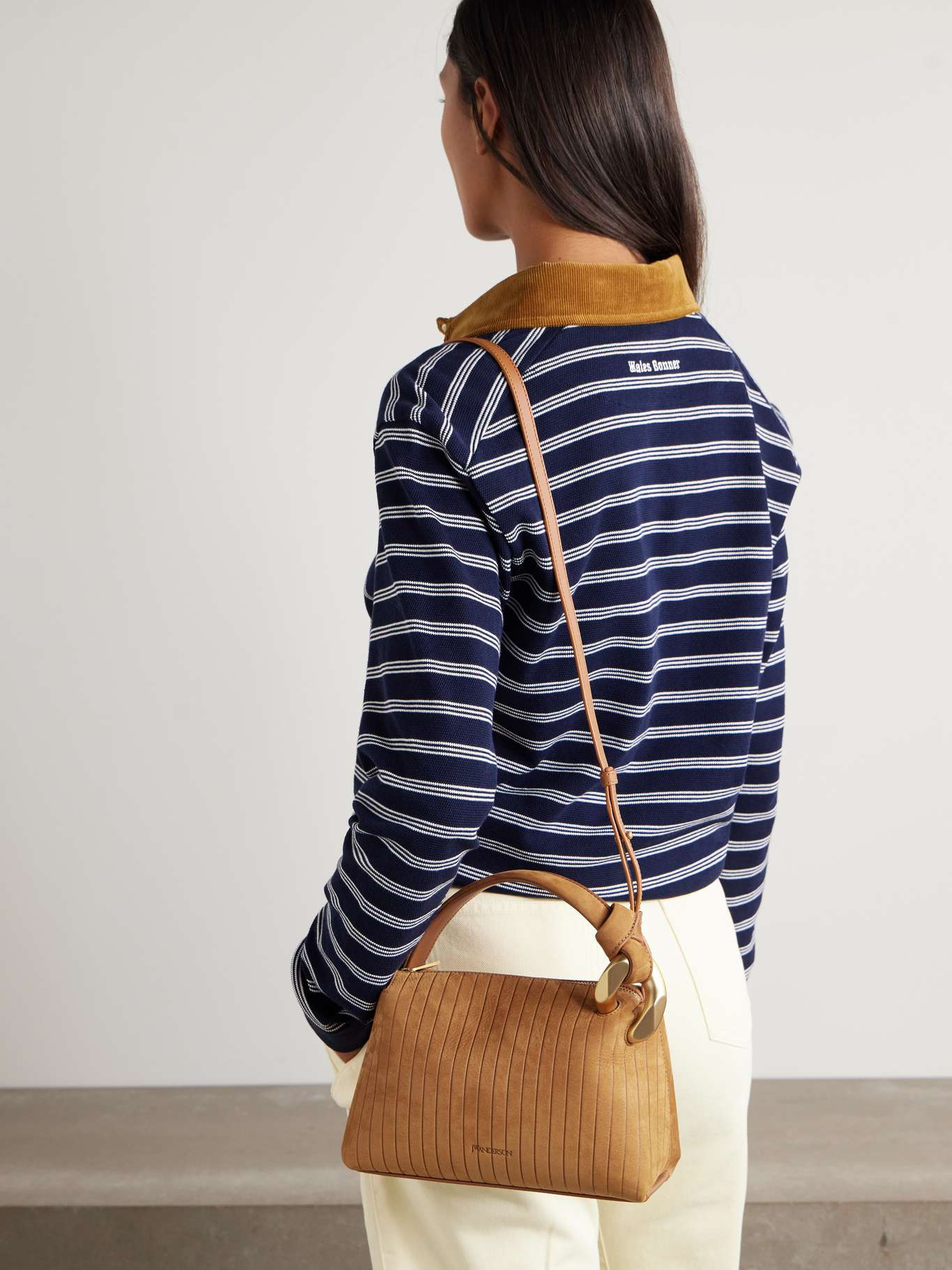 JWA Corner small chain-embellished ribbed nubuck shoulder bag Camel - 6