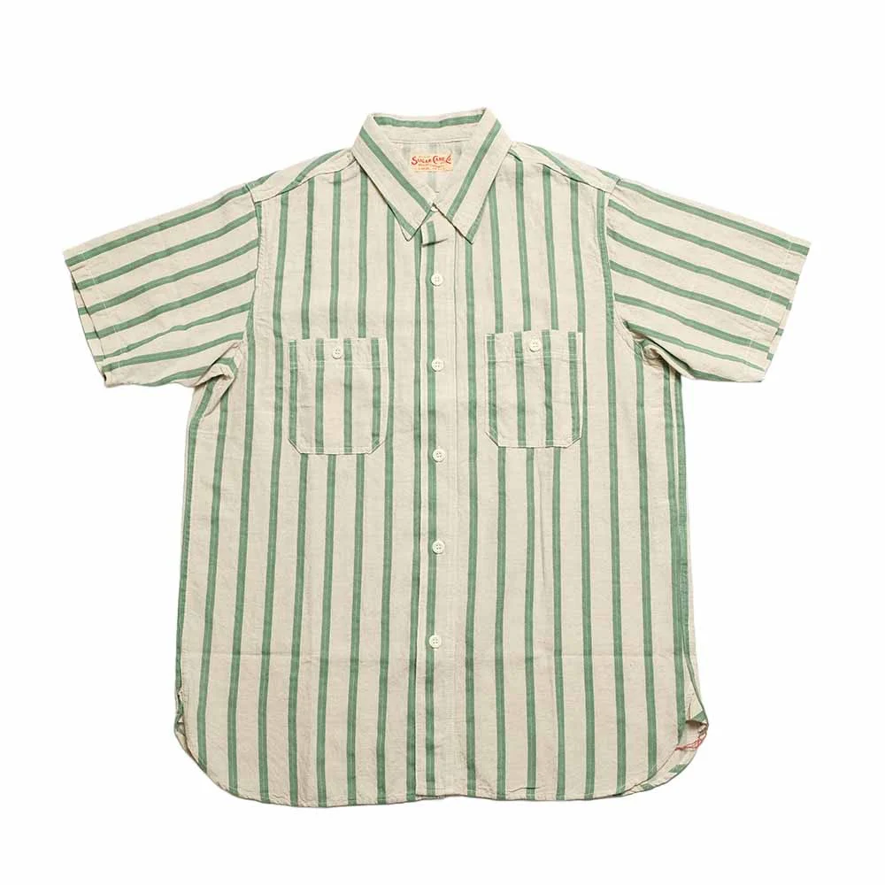 COTTON LINEN - DOBBY HERRINGBONE STRIP - S/S WORK SHIRT - SC39727 - 1