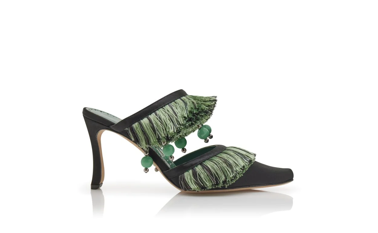 Black and Green Satin Strap Mules - 1