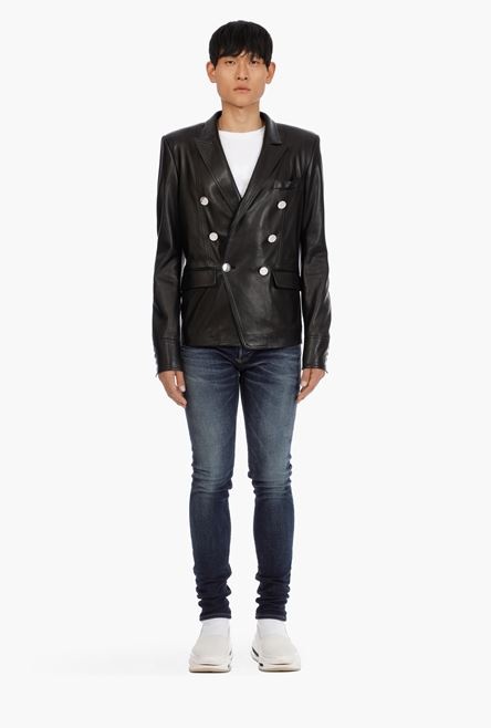 Black leather blazer with double-breasted buttoned fastening - 4