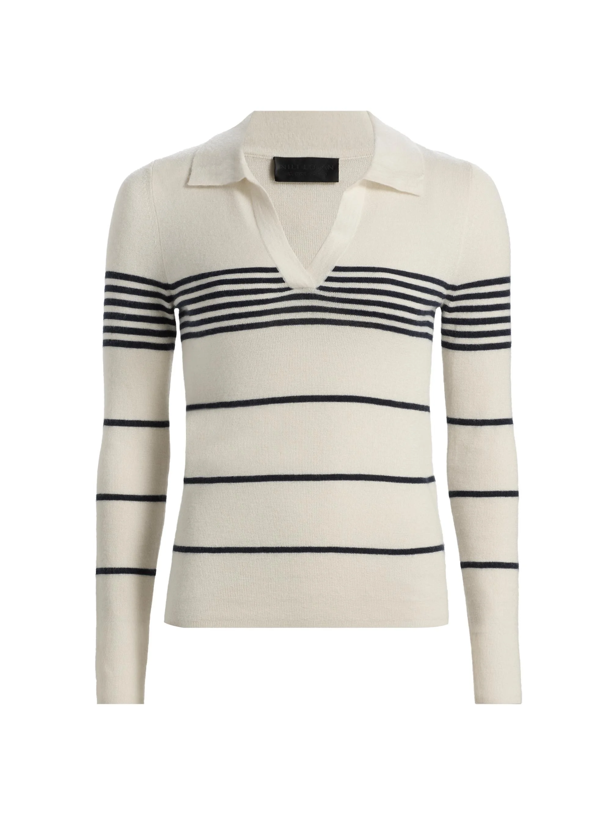 Women's Lucille Striped Cashmere Polo Sweater - Ivory Navy Stripe - 1