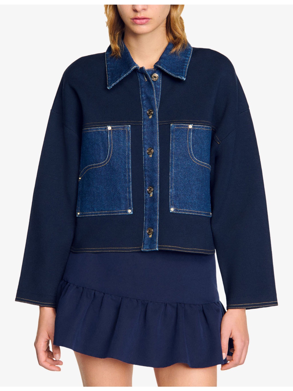 Pointed-Collar Denim-Trim Cardigan - 3