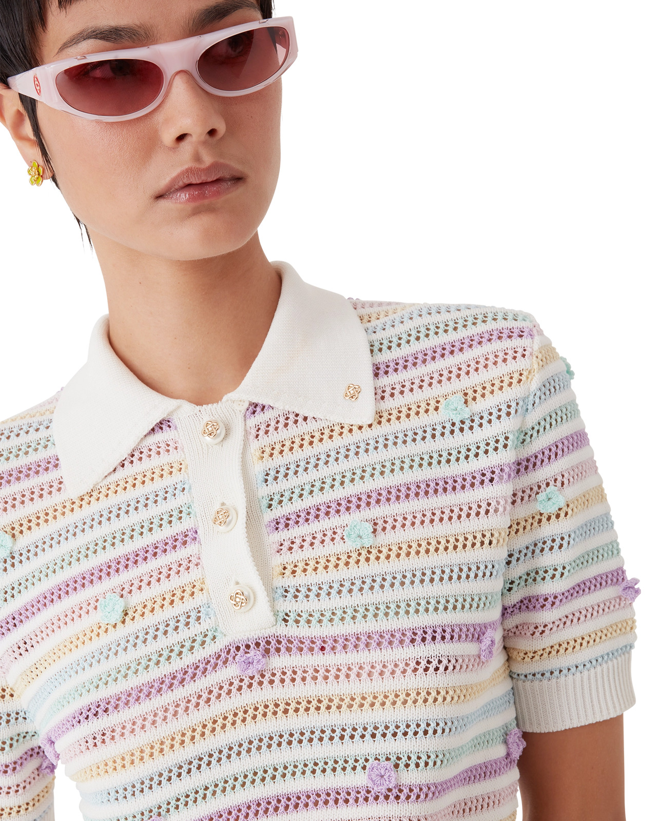 Flower Stripe Cotton Crochet Polo | Casablanca Paris - 5