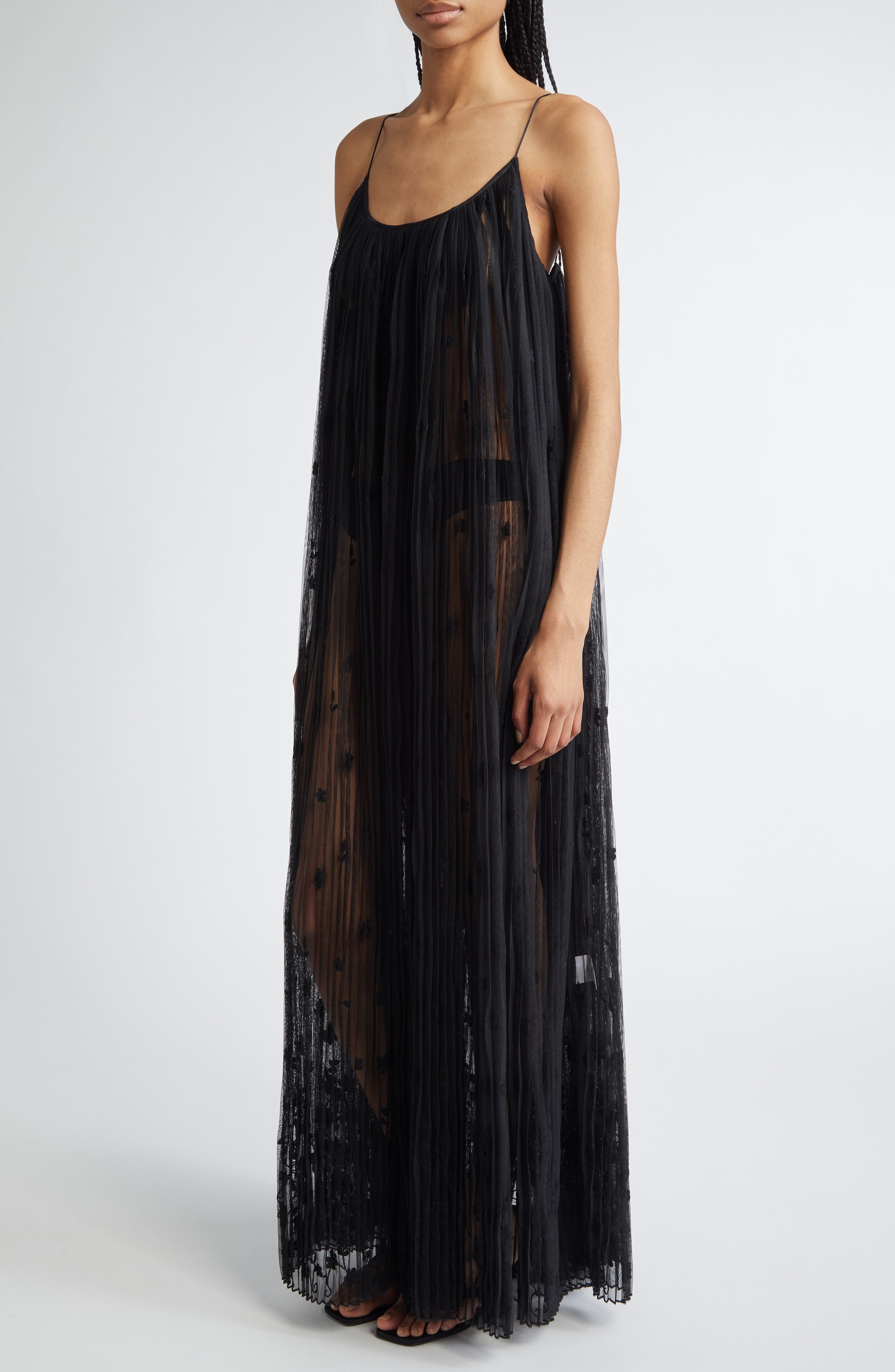 TOTEME Floral Plissé Tulle Maxi Dress in Black at Nordstrom - 4