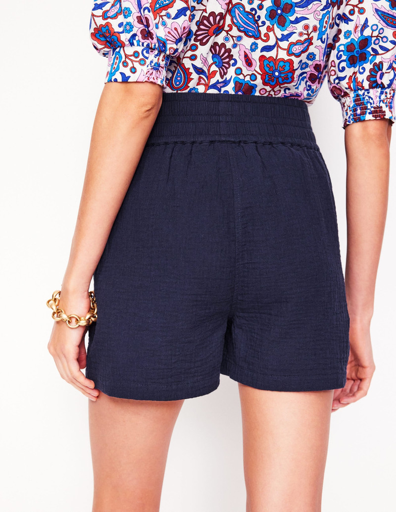 Smocked Double Cloth Shorts-Navy 4