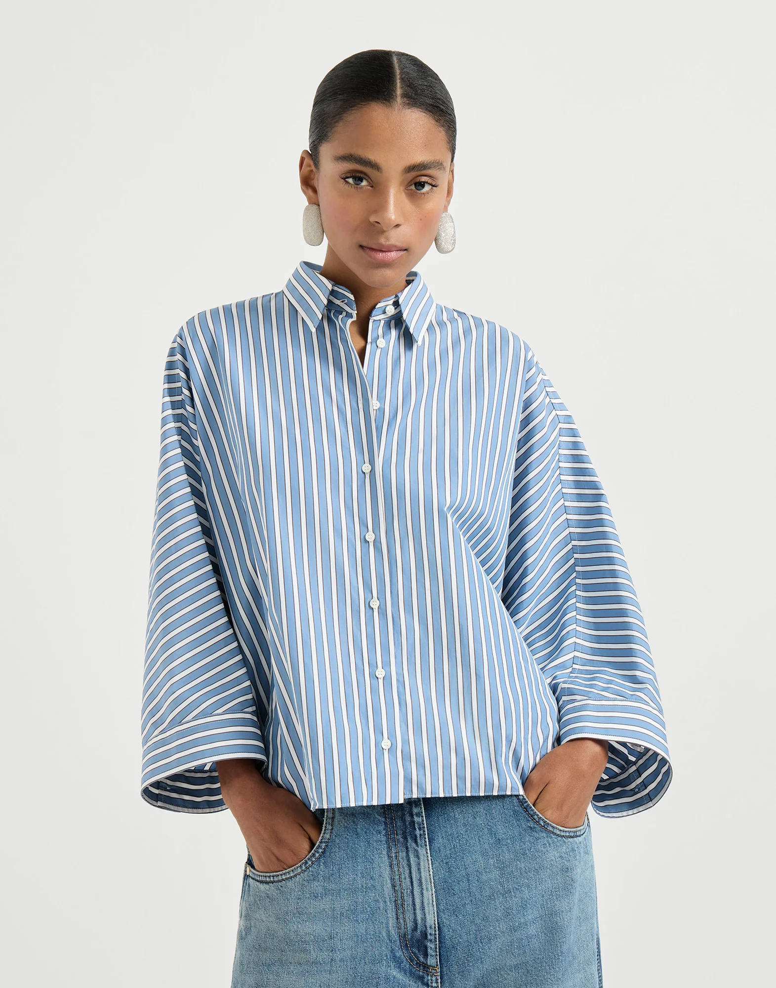 Cotton shadow stripe poplin shirt with monili - 1