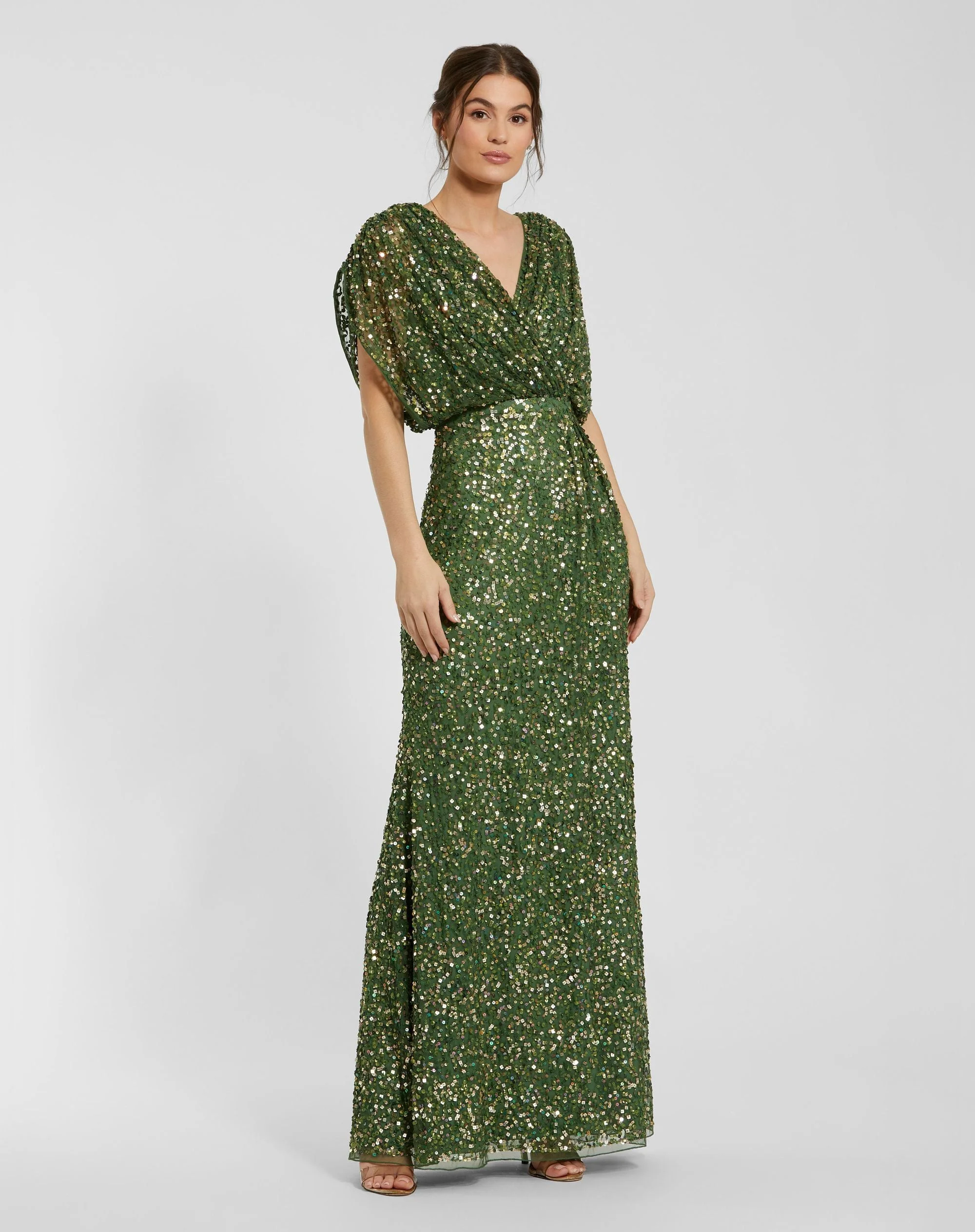 Sage Sequin Draped Sleeve V-Neck Gown - 1