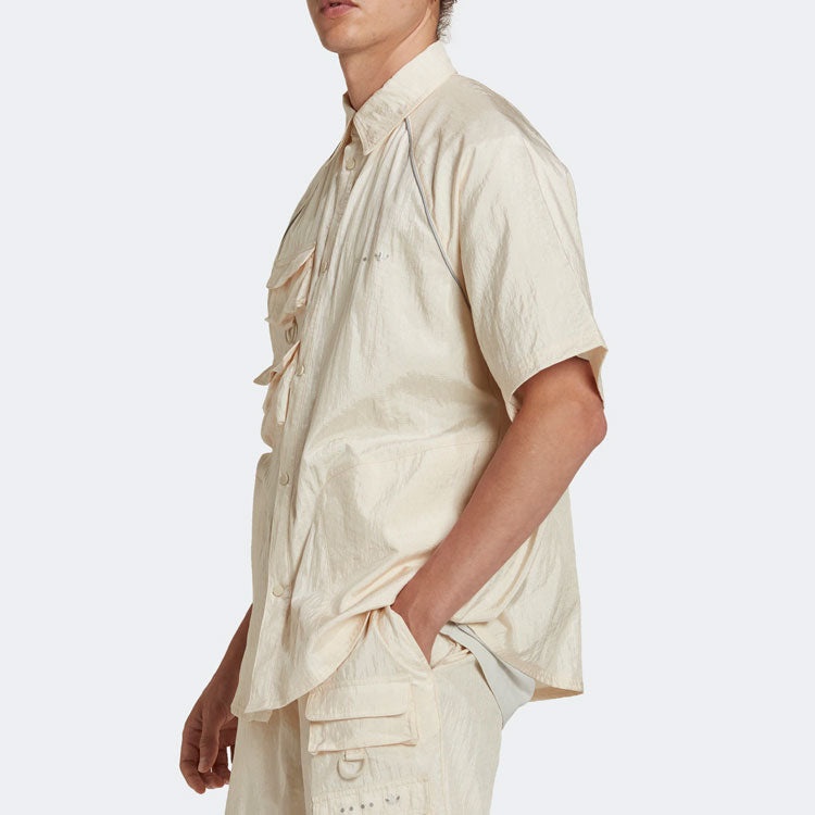 Men's adidas originals Solid Color Single Breasted Short Sleeve Beige Shirt HK2734 - 4