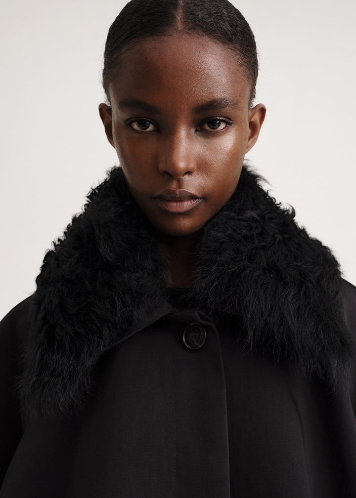 Shearling collar gabardine jacket black - 6