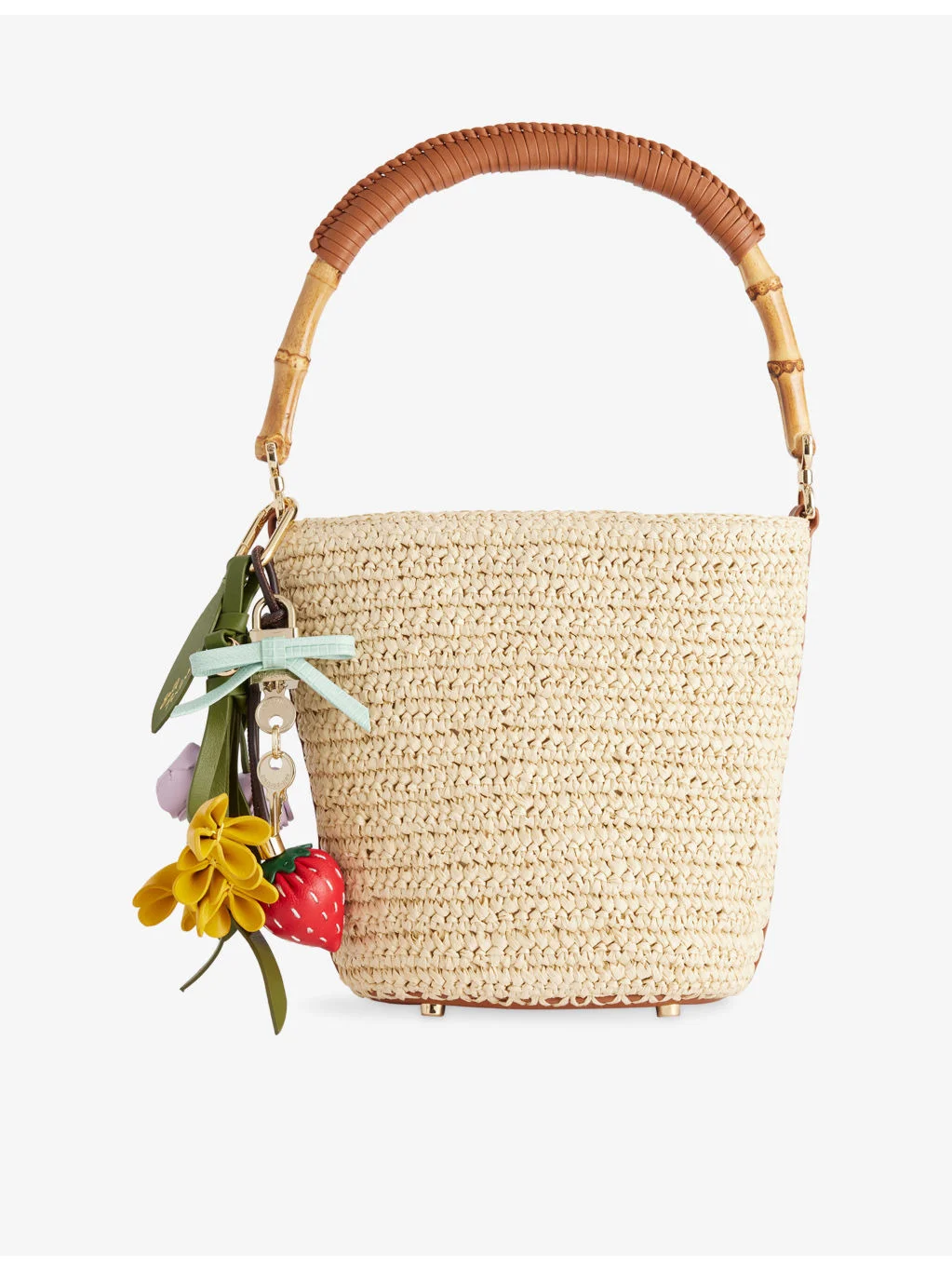 Charm-Embellished Raffia Bucket Bag - 1