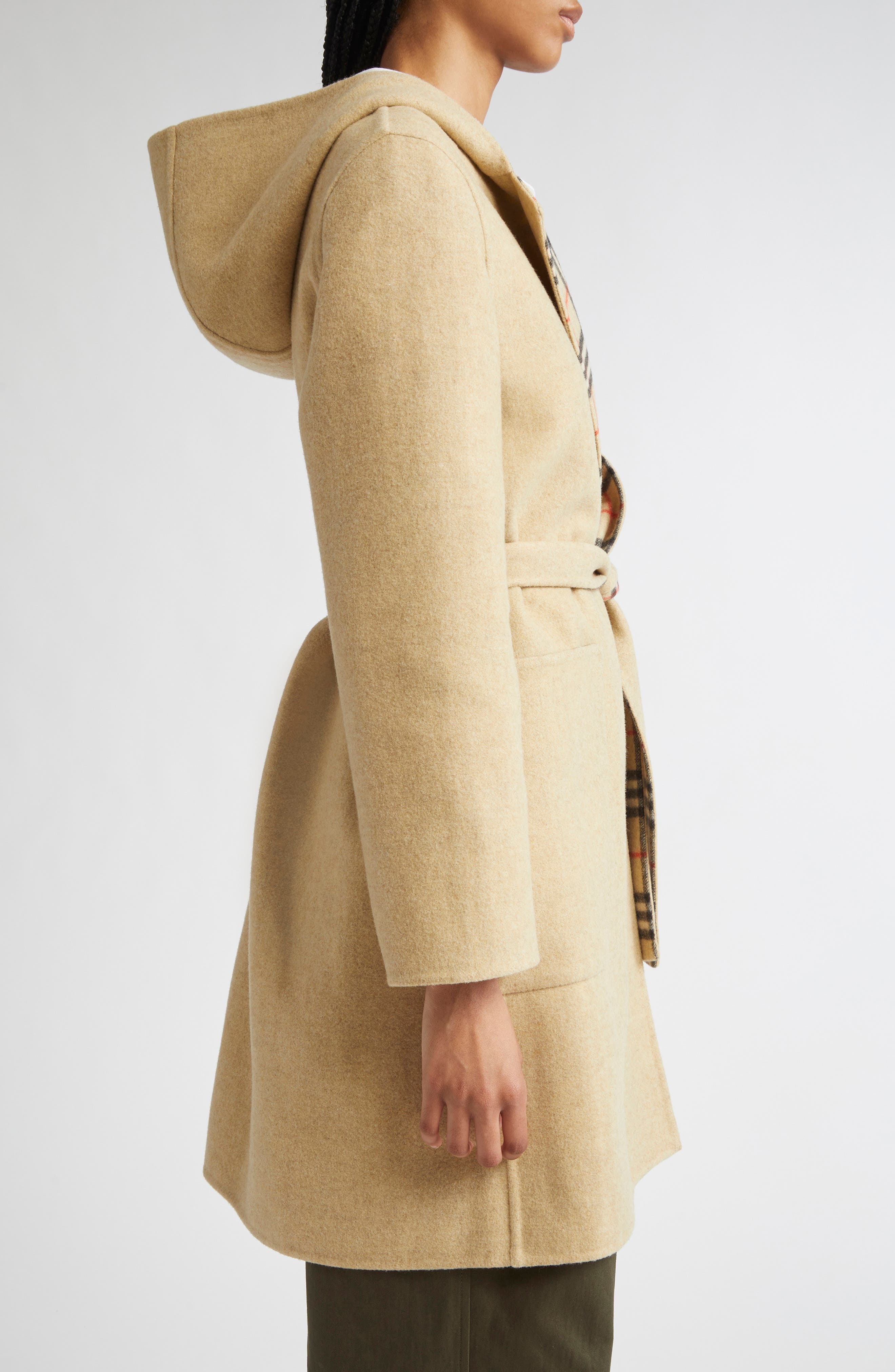 burberry Hampshire Wool Reversible Hooded Coat in Sand Ip Check at Nordstrom - 5